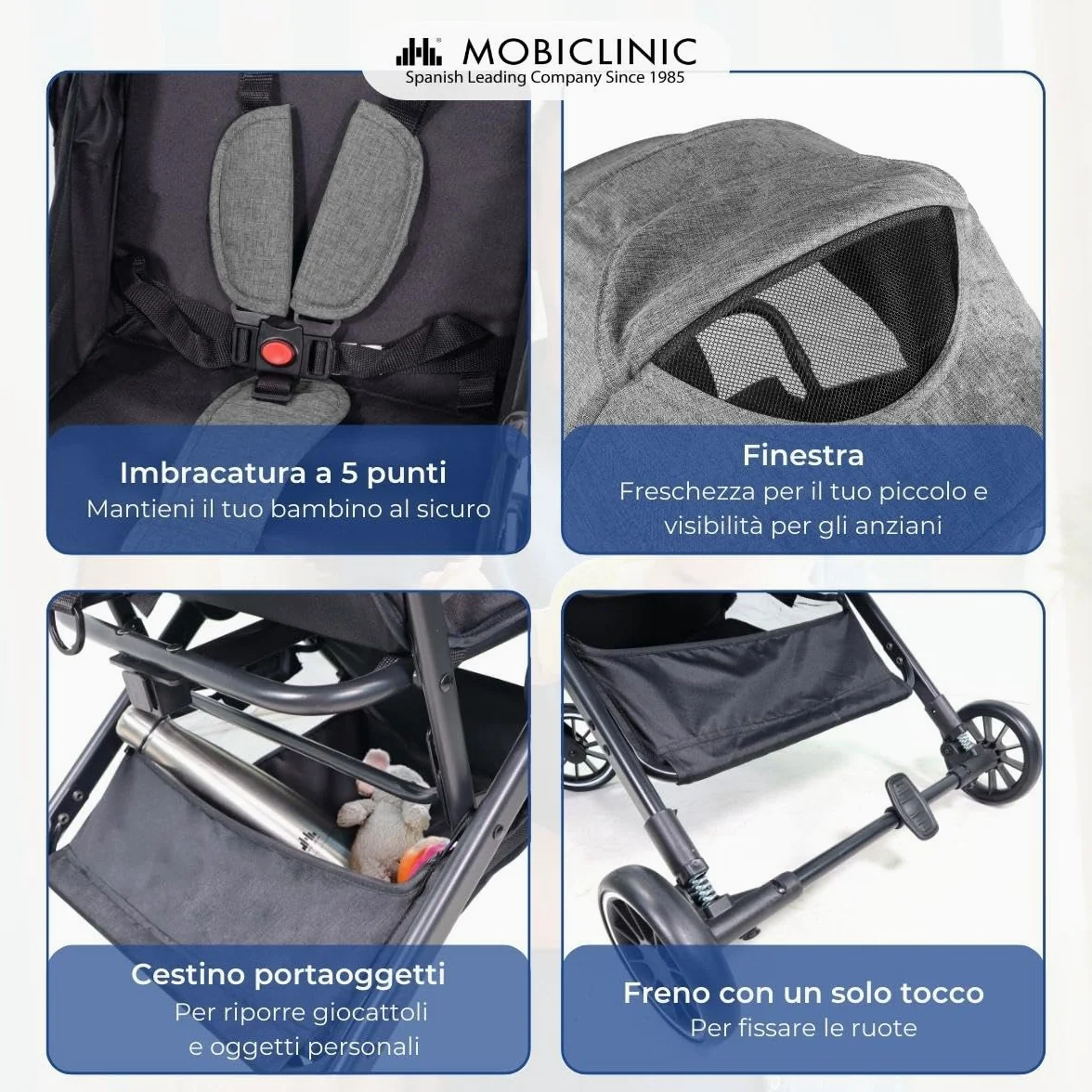 Mobiclinic®, Passeggino Leggero, Ultra Compatto, Imbracatura a 5 Punti, Manubrio Monomaniglia, Carrello Pieghevole, Cestino, 0-36 Mesi, Regolabile, Cappottina Pieghevole, Freni con Blocco, Trip