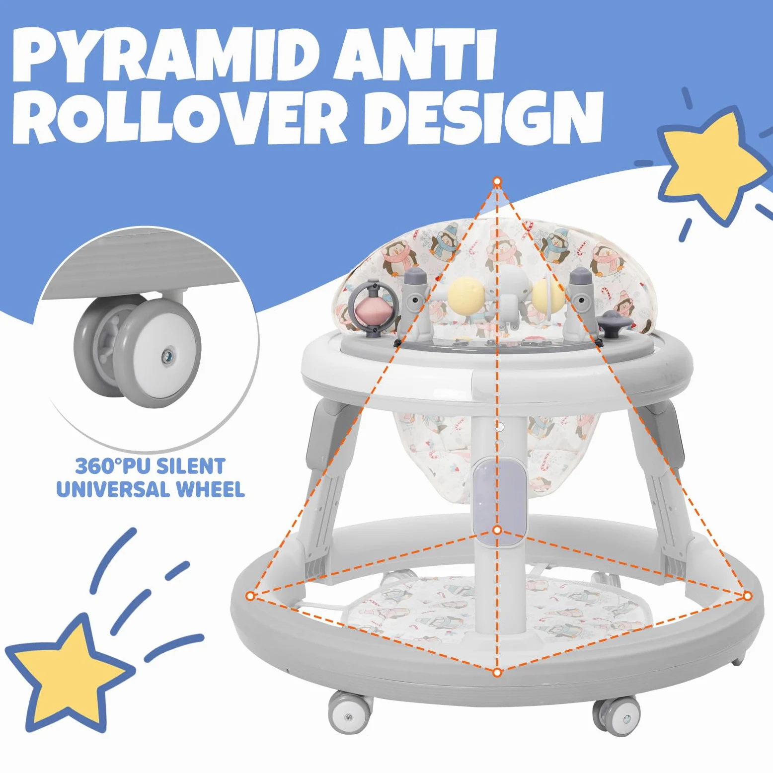 Girello per Bambini 3 in 1,Carrellino Primi Passi,Girello Pieghevole con Vassoio/Centro Giochi,Primi Passi per Bambini 6-18 Mesi,Ruote Silenziose a 360°