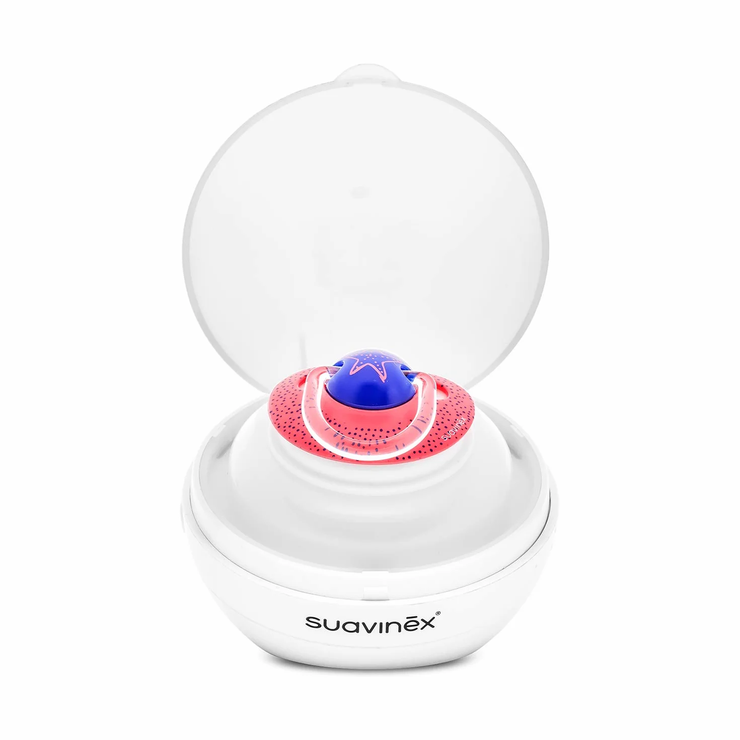 Suavinex DUCCIO - Sterilizzatore portatile per succhietti a luce UV, con USB o con batterie, Sterilizza in 3 minuti, Uccide il 99% dei germi, Bianco