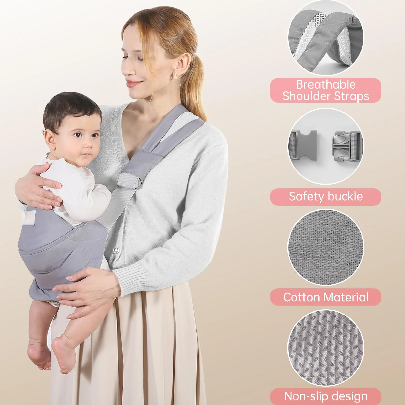 Fascia Neonato, Marsupio Neonato Cotone con Seduta Antiscivolo, Fascia Porta Bebe Ergonomico, Tutte le Stagioni, Fino a 15kg (Grigio Chiaro)