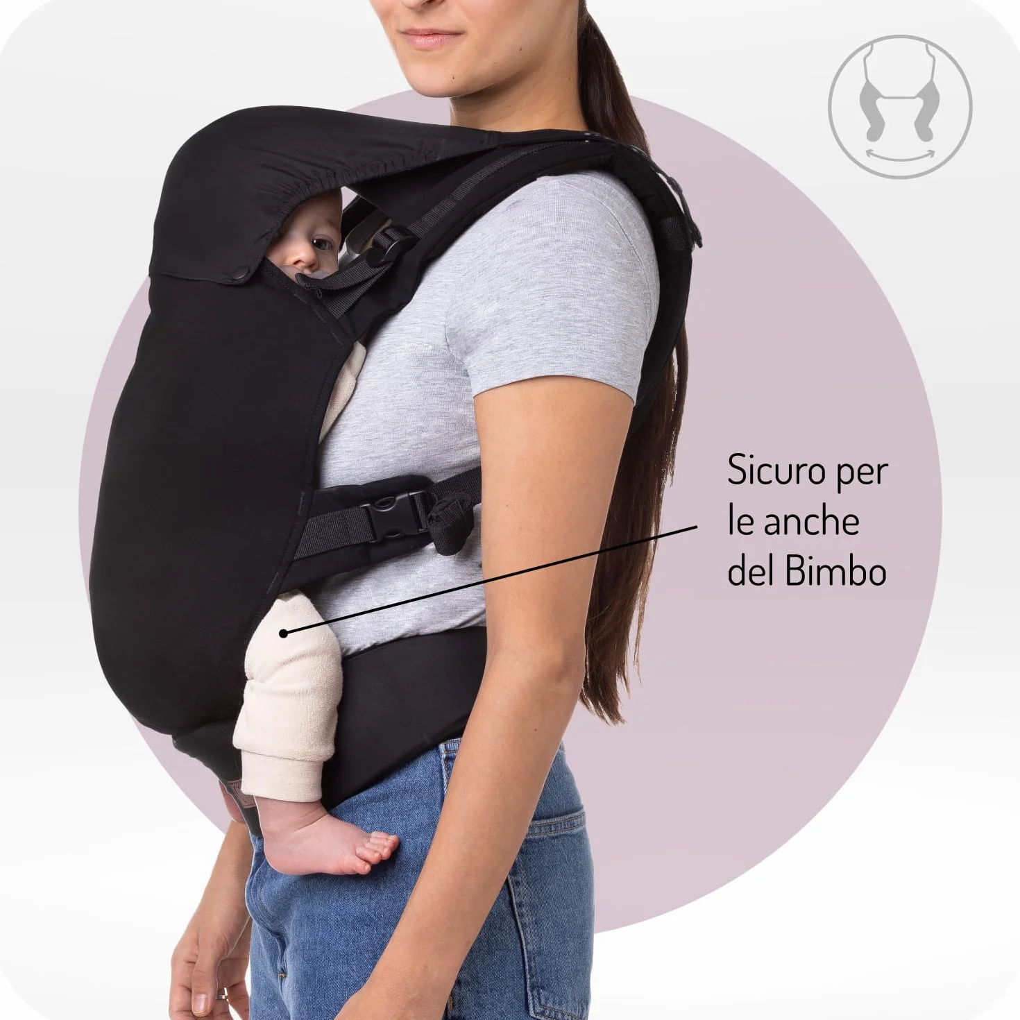 Marsupio MoMi COLLET per bambini di 3-48 mesi (peso 4-20 kg), 2 posizioni di sostegno con 6 punti di regolazione, con cappuccio e poggiatesta per il bambino