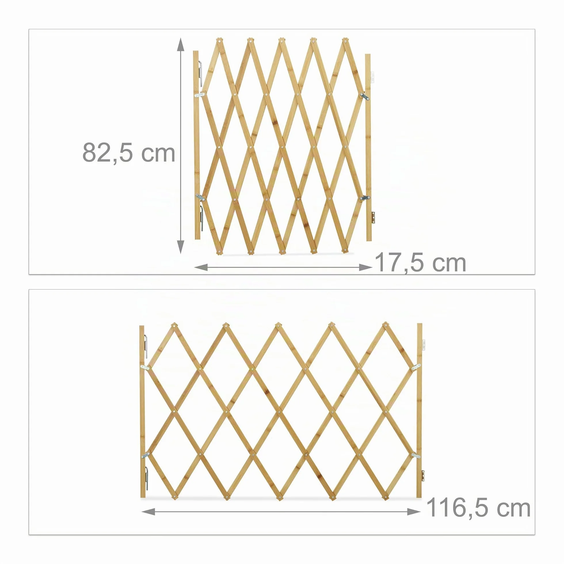 Relaxdays Barriera per cani, cancelletto di sicurezza per porte e scale, griglia a forbice estensibile fino a 116,5 cm, altezza 82,5 cm, naturale, L