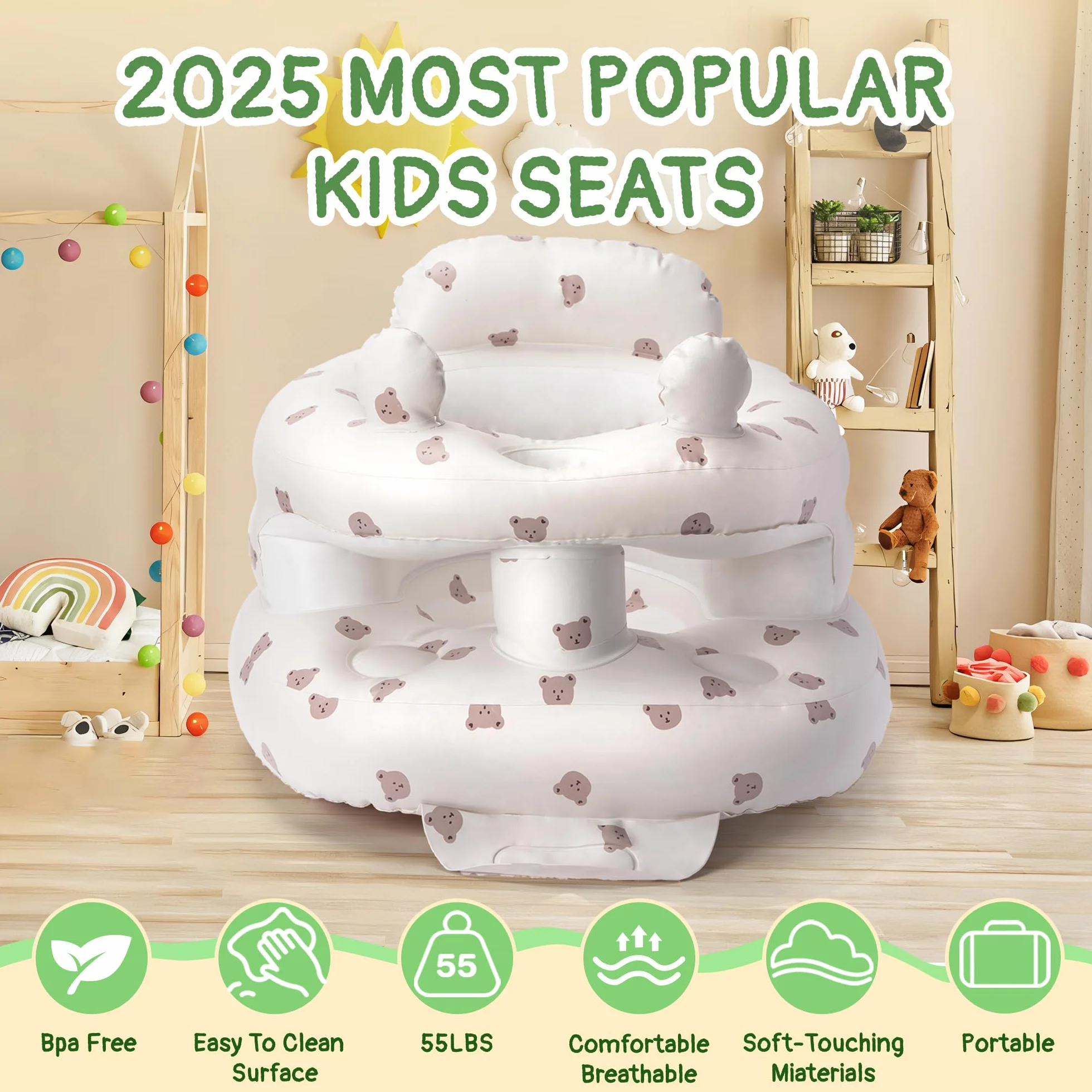 Sit Me Up Seggiolino gonfiabile per bambini 3-36 mesi con pompa aria integrata senza BPA facile da pulire orso