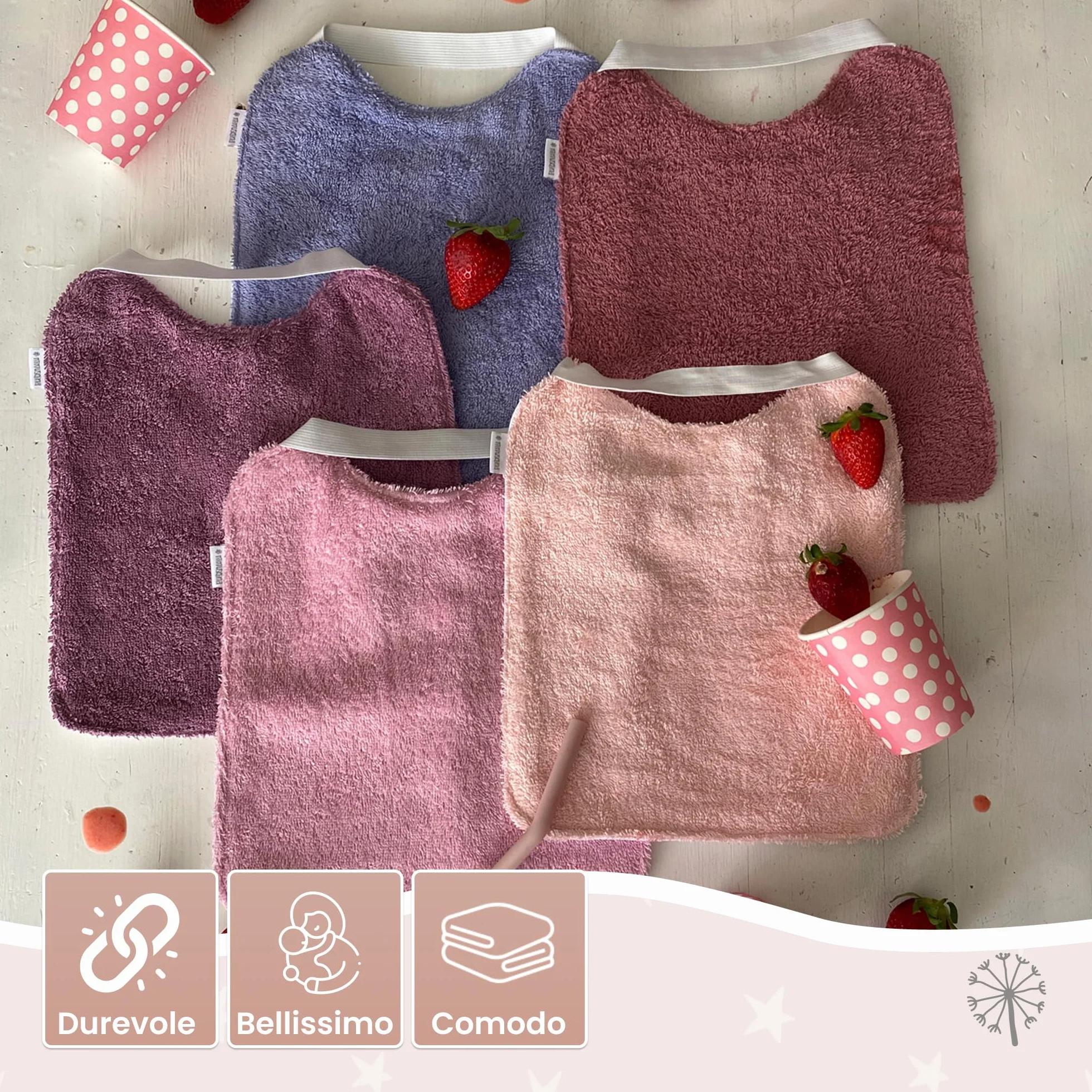 Set di 5 Bavaglini Neonato Impermeabili BLW in Spugna Cotone Premium Oeko-Tex Grandi con Elastico al Collo Realizzati a mano Spagna