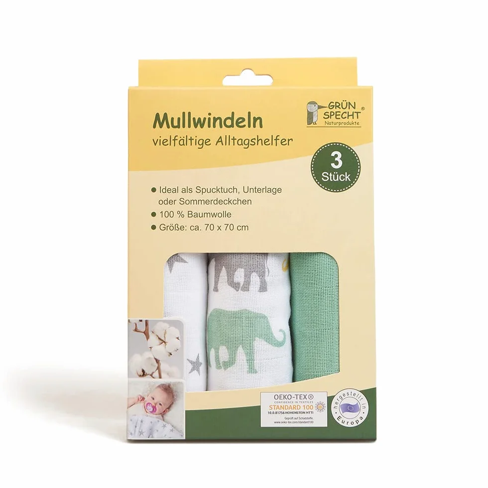 GRÜNSPECHT Pannolini di garza 70 x 70 cm in 100% cotone, senza sbiancanti ottici, delicati sulla pelle e assorbenti, 3 pezzi, verde, stelle, elefanti (1500-V4)