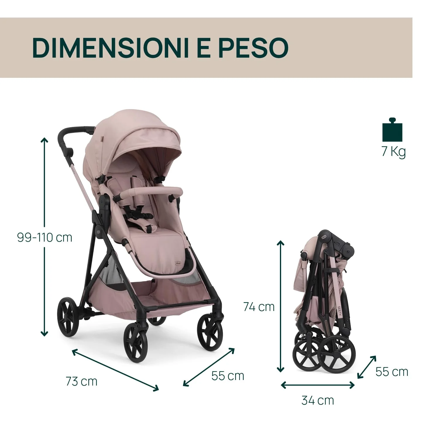 Chicco Passeggino Seety, Passeggino Leggero e Compatto Da 0 Mesi a 4 Anni, Portata Max 22kg, Passeggino Pieghevole, Schienale Reclinable, Chiusura Automatica in 1 Gesto, Capotte Parasole e Parapioggia