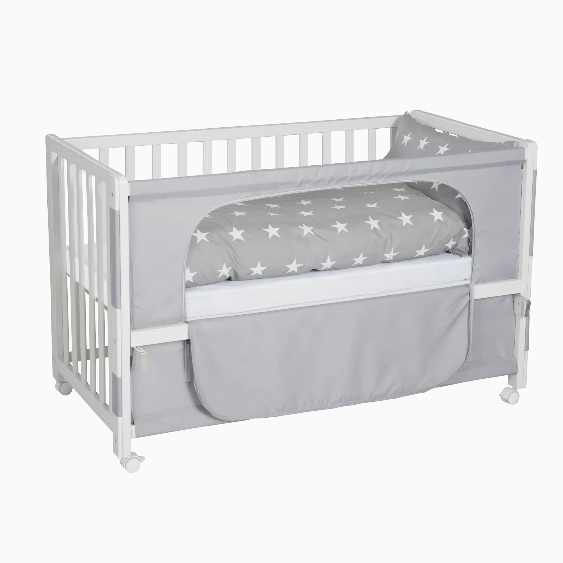 roba Lettino per Neonati Co-Sleeping Little Stars, 60 x 120 cm, Biancheria per Lettino Inclusa, Motivo con Stelline, Altezza Regolabile, Legno Laccato Bianco e Grigio