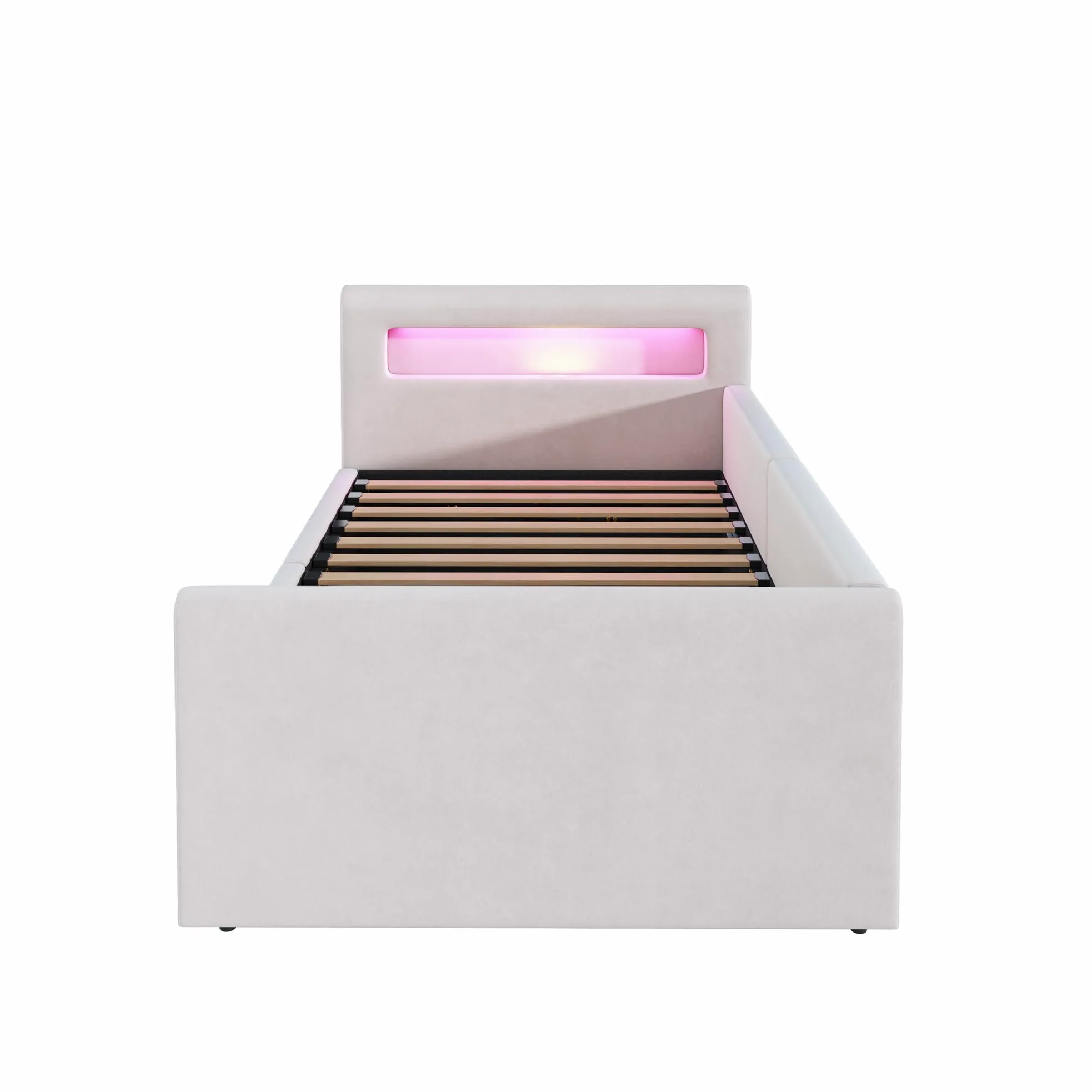 Lubvtti Letto singolo imbottito 90×200cm, Letto contenitore con luce LED e porta USB, Con vano portaoggetti, Letto per bambini con vano contenitore idraulico, Velluto, Beige (materasso non incluso)