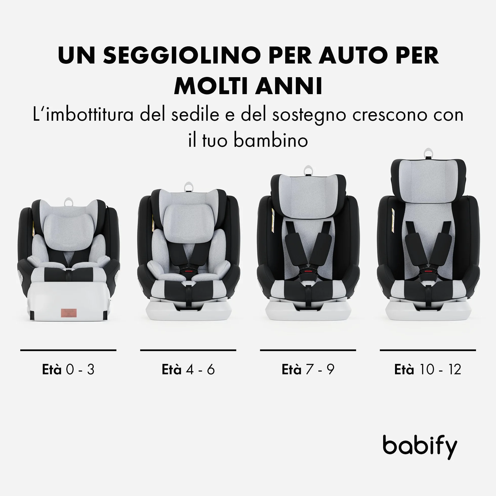 Babify Onboard Seggiolone Auto Isofix I-Size per Bambini da 0 Mesi - 12 Anni, 40-150cm, Seduta Auto Bimbi Regolabile e Reclinabile, rotazione di 360º, Gruppo 0, 1, 2, 3