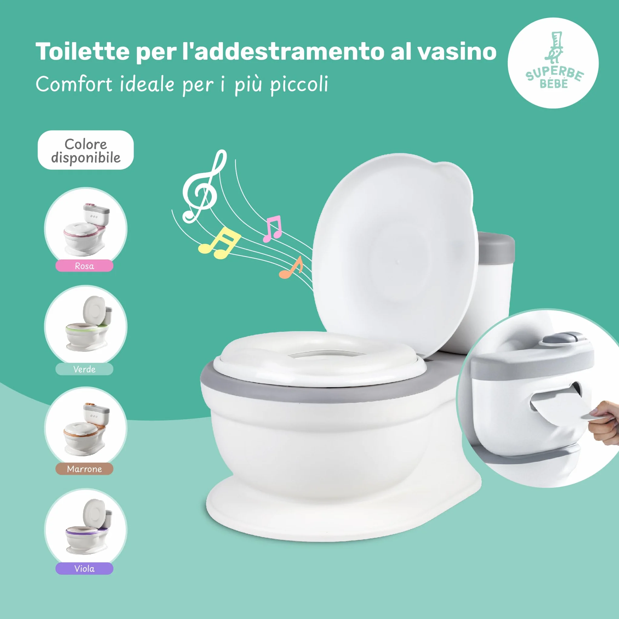 Wc dla dzieci z dźwiękiem spłukiwania i muzyką - Antypoślizgowy, wyjmowany pojemnik - Reduktor sedesowy