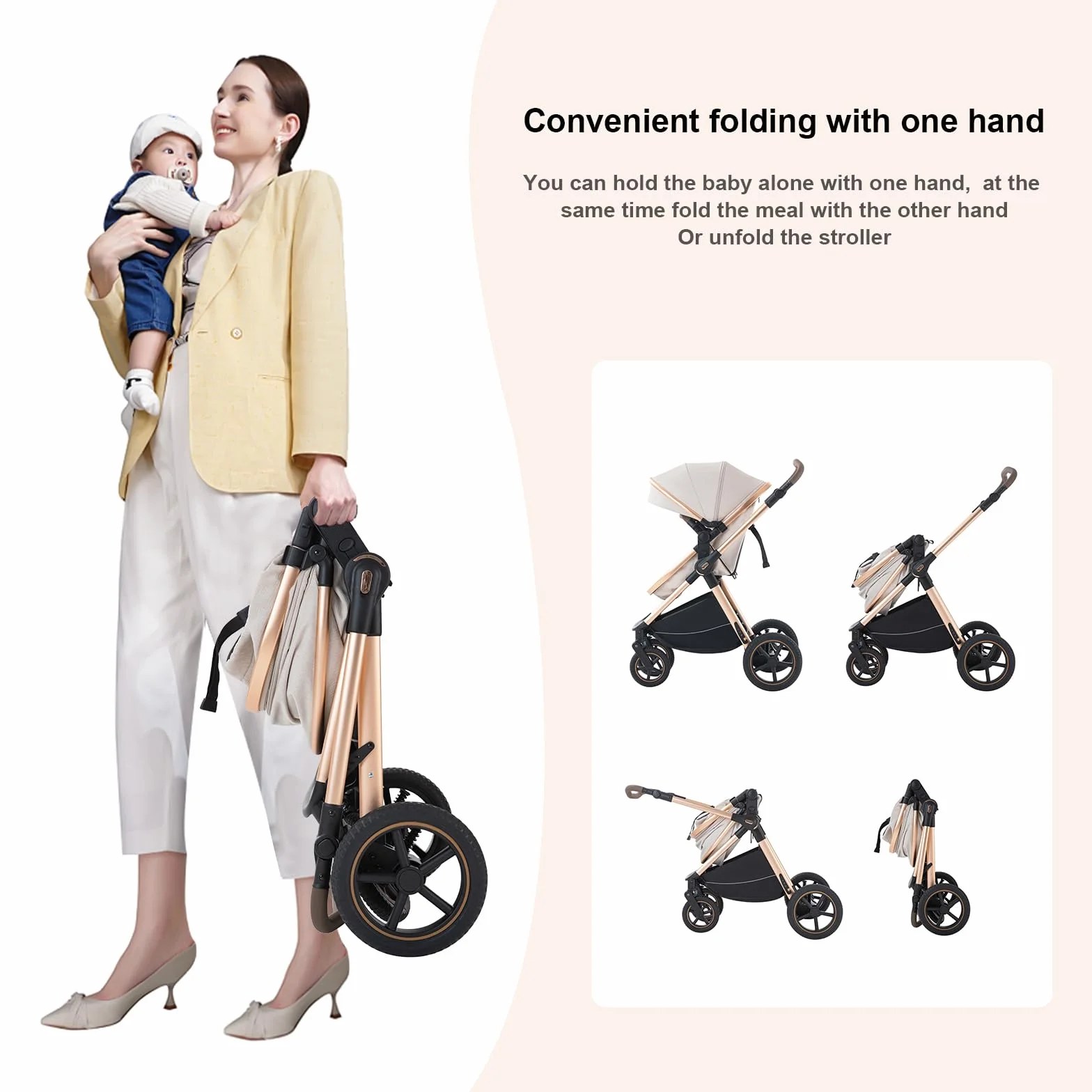 Passeggino 3 in 1 pieghevole,sistema da viaggio completo.Ideale per neonati e bambini fino a 22kg lettino e accessori come gondola (D2 PINK, H2-D)