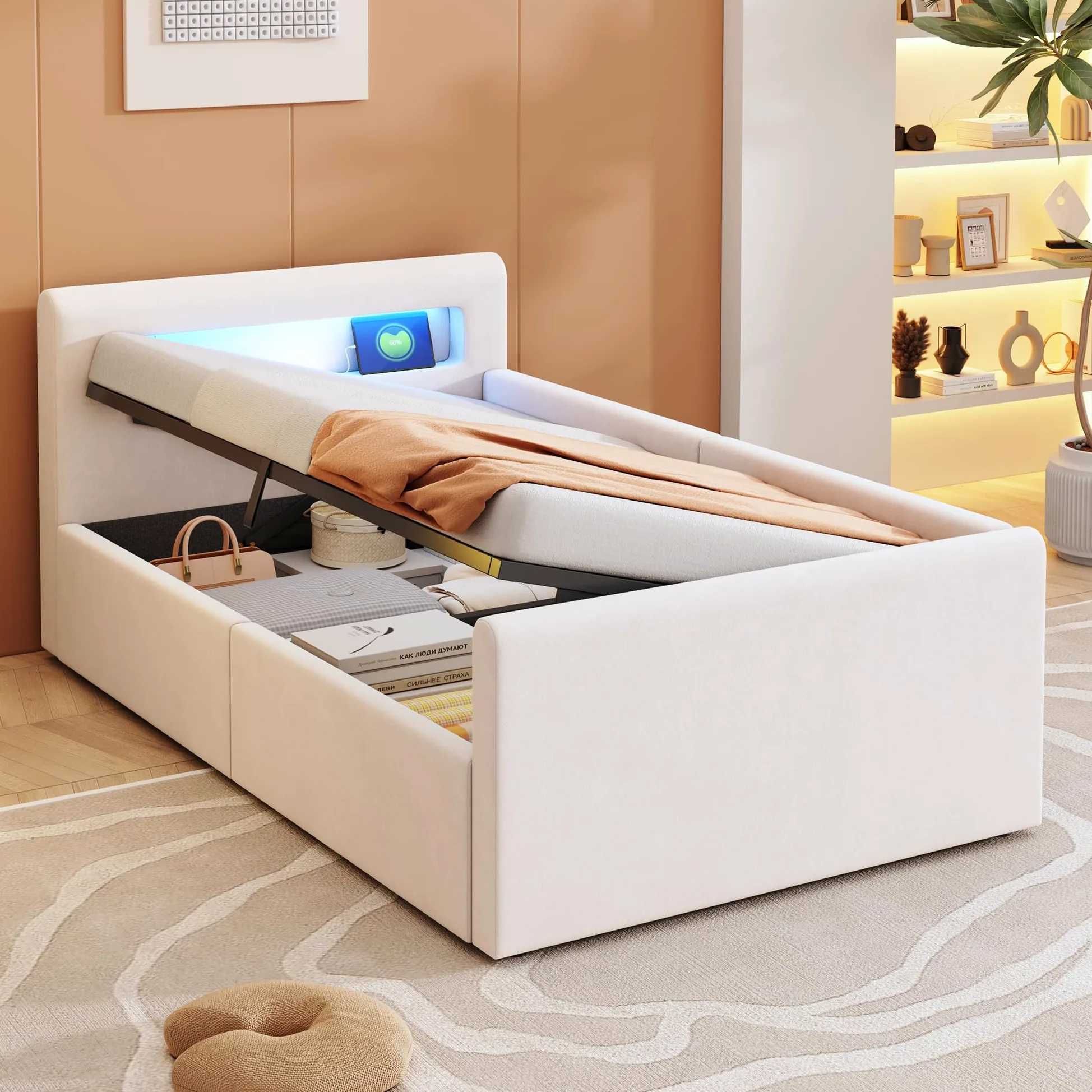 Lubvtti Letto singolo imbottito 90×200cm, Letto contenitore con luce LED e porta USB, Con vano portaoggetti, Letto per bambini con vano contenitore idraulico, Velluto, Beige (materasso non incluso)