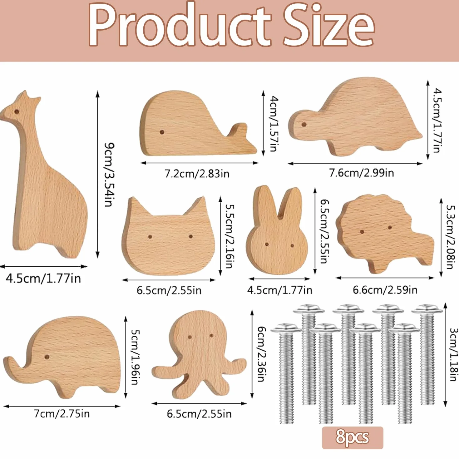 8 Pezzi Pomelli per armadi in legno per cameretta, Pomelli per mobili in legno, Pomelli Per Mobili Bambini Legno, Pomelli in legno con motivi animali, Pomelli Armadio Bambini Animali, per Comodino