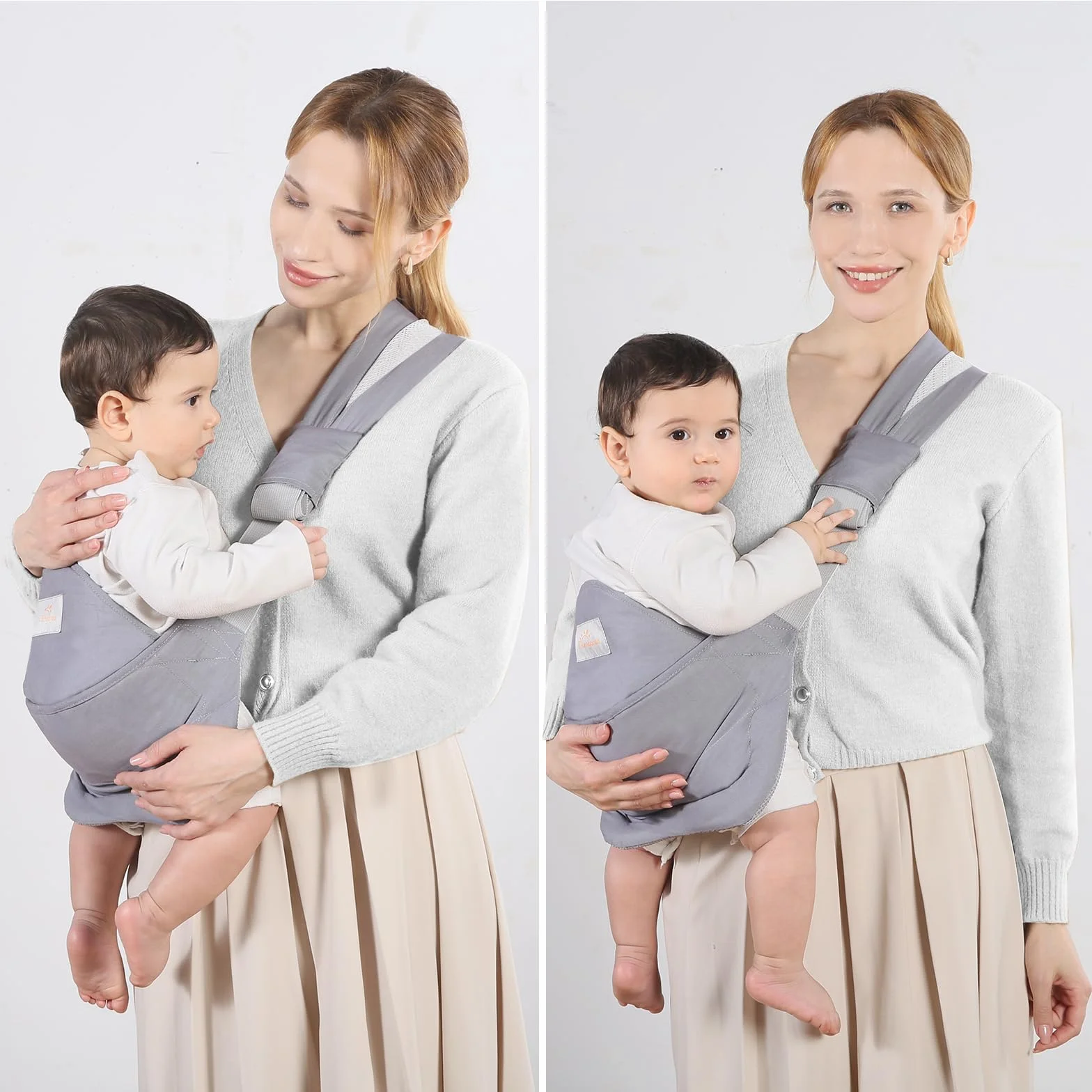 Fascia Neonato, Marsupio Neonato Cotone con Seduta Antiscivolo, Fascia Porta Bebe Ergonomico, Tutte le Stagioni, Fino a 15kg (Grigio Chiaro)
