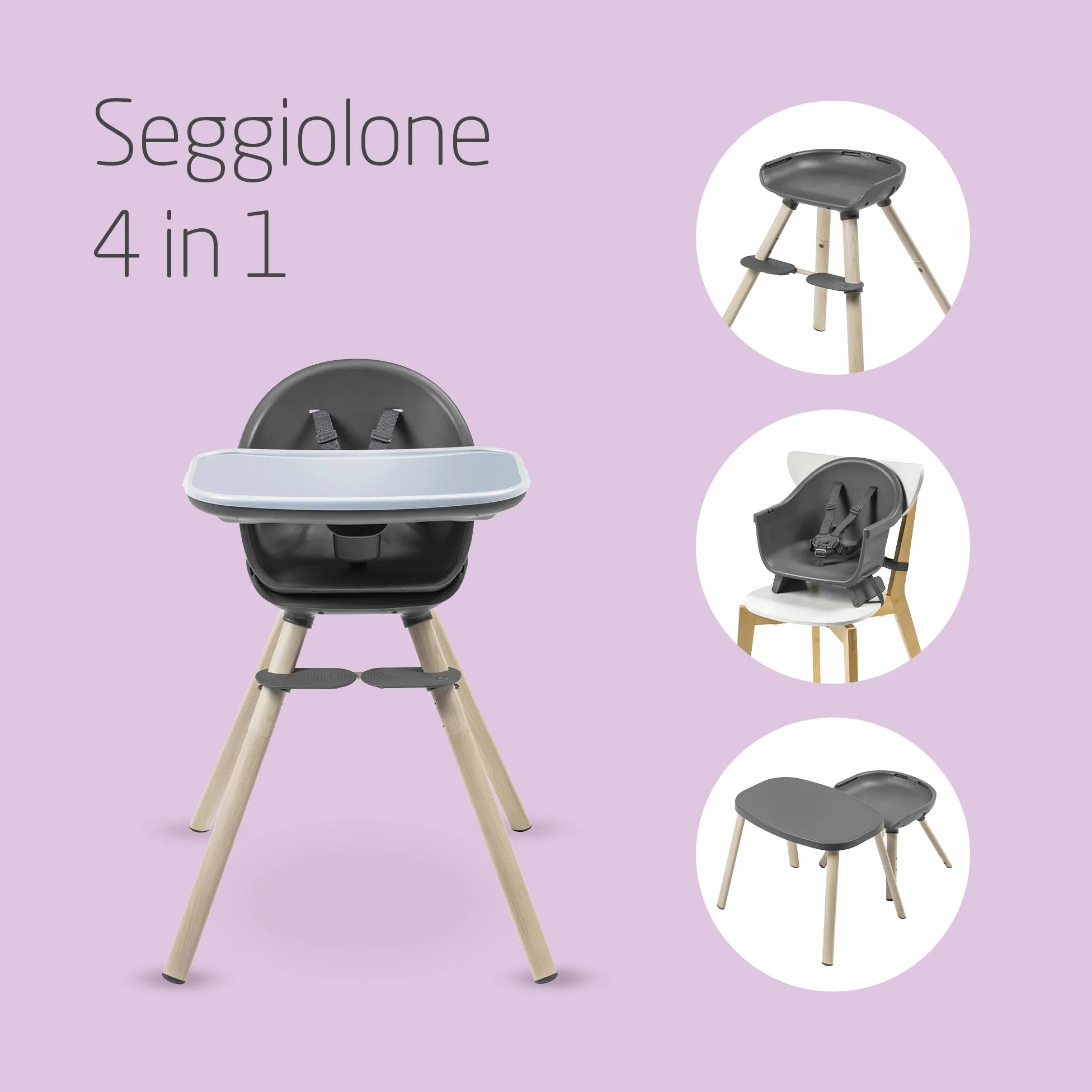 Maxi-Cosi Moa Seggiolone Pappa Evolutivo, 6 Mesi-7 Anni, 0-25 kg, Seggiolone Pappa Bimbi Regolabile, Si Trasforma in Alzasedia, Sgabello e Tavolino con Sedia, Colore Beyond Graphite