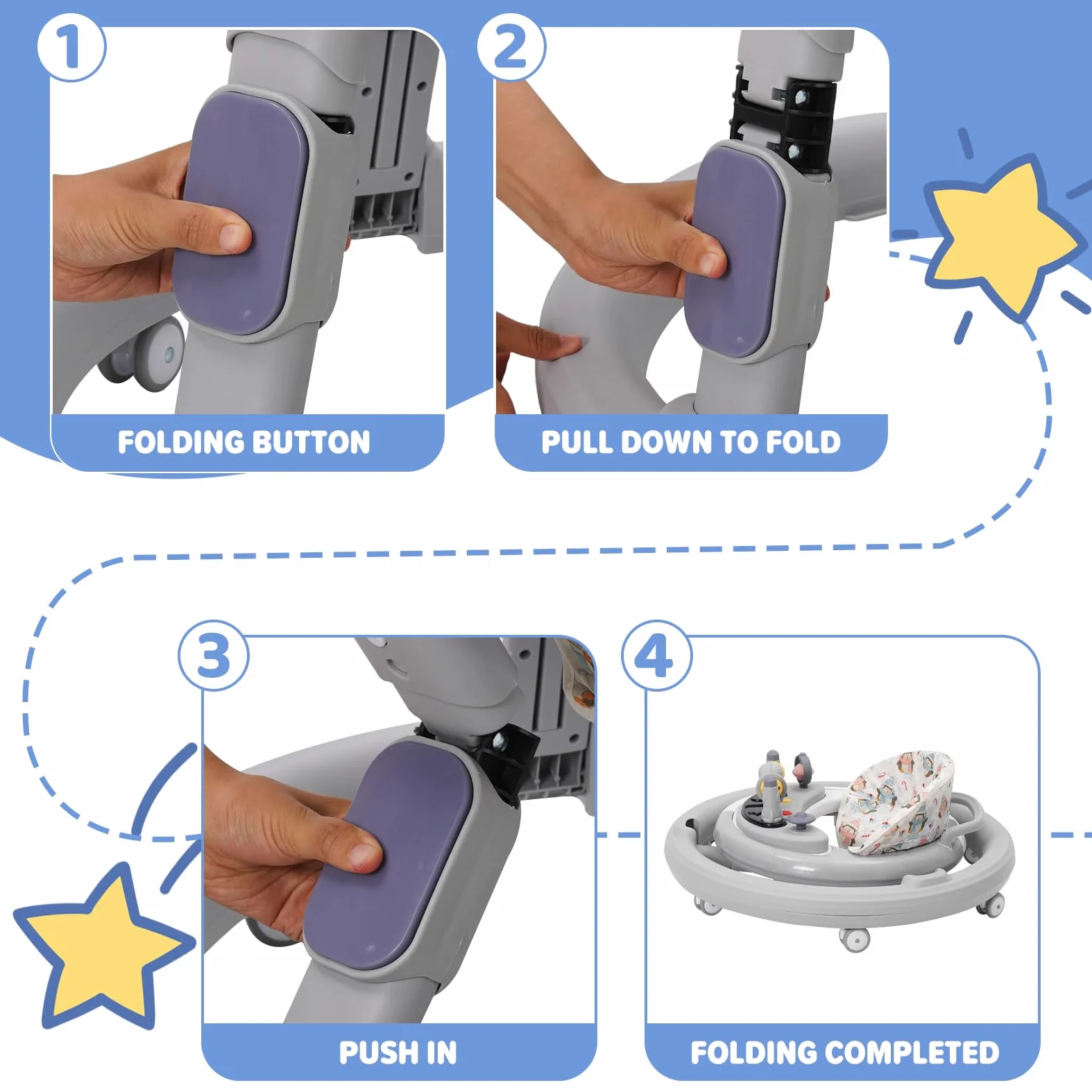 Girello per Bambini 3 in 1,Carrellino Primi Passi,Girello Pieghevole con Vassoio/Centro Giochi,Primi Passi per Bambini 6-18 Mesi,Ruote Silenziose a 360°