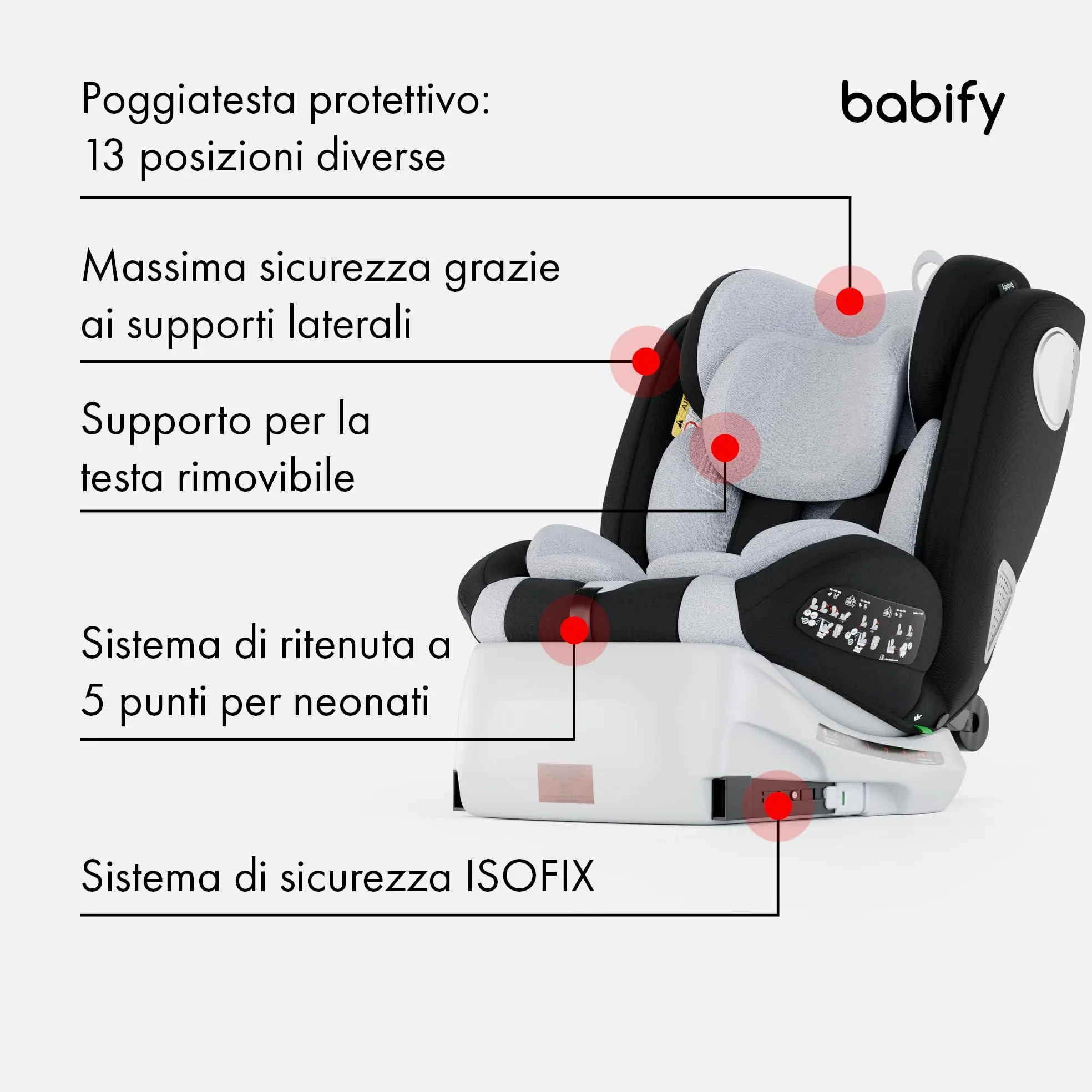 Babify Onboard Seggiolone Auto Isofix I-Size per Bambini da 0 Mesi - 12 Anni, 40-150cm, Seduta Auto Bimbi Regolabile e Reclinabile, rotazione di 360º, Gruppo 0, 1, 2, 3