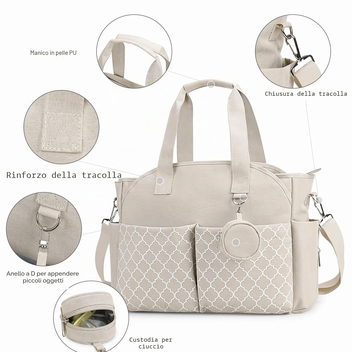 Borsa per pannolini con fasciatoio multifunzione Beige tracolla regolabile