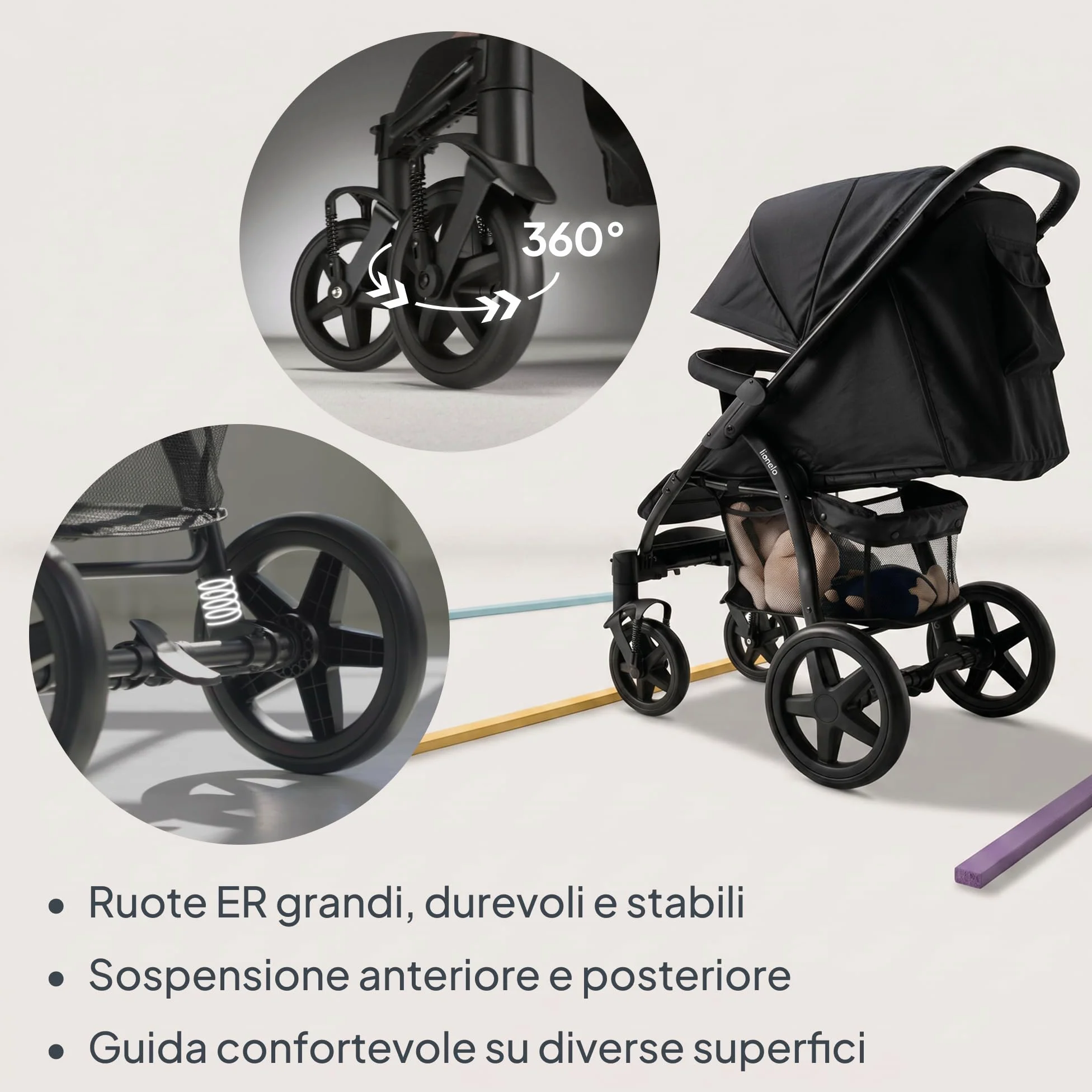 LIONELO Annet passeggino leggero pieghevole grigio regorabile con posizione sdraiata con ruote EVA cappottina XXL con zanzariera coprigambe portabibite fino 22 kg