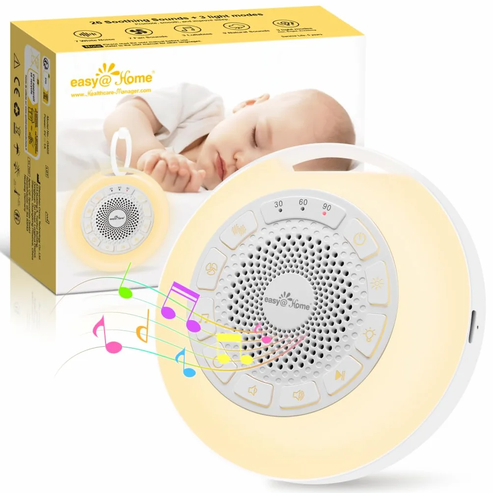 Easy@Home White Noise Machine dla Niemowląt: 26 Dźwięków, Światło Nocne i 7 Kolorów, USB, Timer, Blokada Dzieci