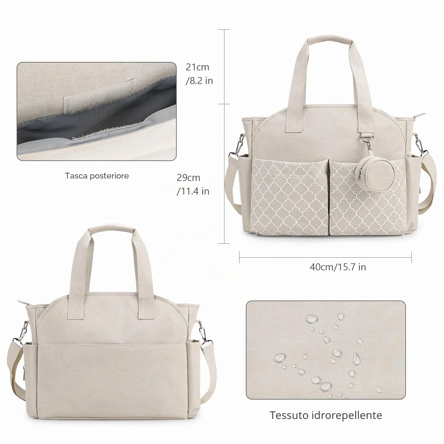 Borsa per pannolini con fasciatoio multifunzione Beige tracolla regolabile
