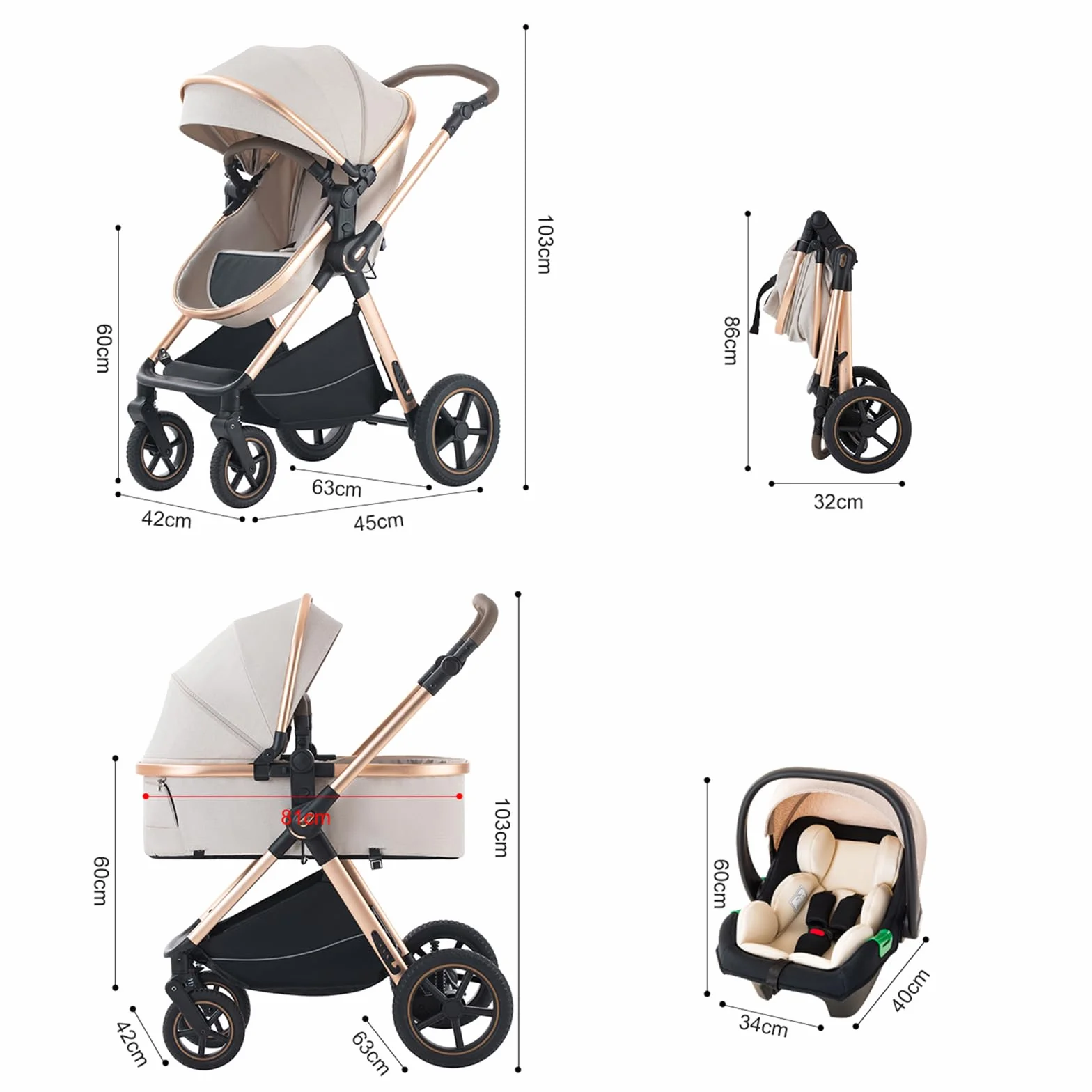 Passeggino 3 in 1 pieghevole,sistema da viaggio completo.Ideale per neonati e bambini fino a 22kg lettino e accessori come gondola (D2 PINK, H2-D)