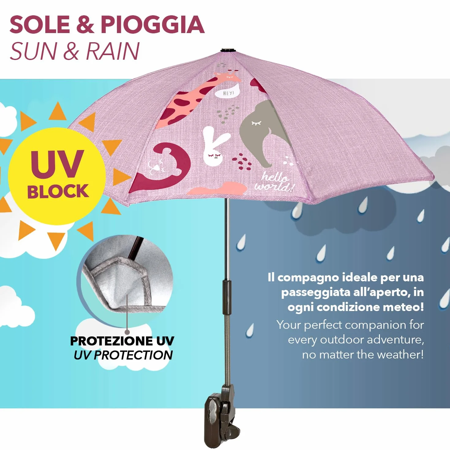 PERLETTI Parasole Universale Anti UV Ombrello Passeggino Bambino Neonato Stampa Animali