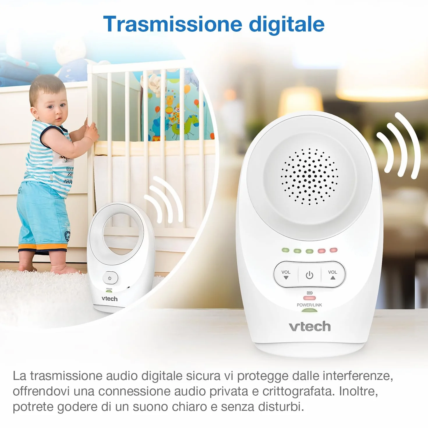 VTech DM1111 Digital Audio Baby Monitor DECT Monitor per Bambini con Rilevamento Livello Rumore e Clip Cintura
