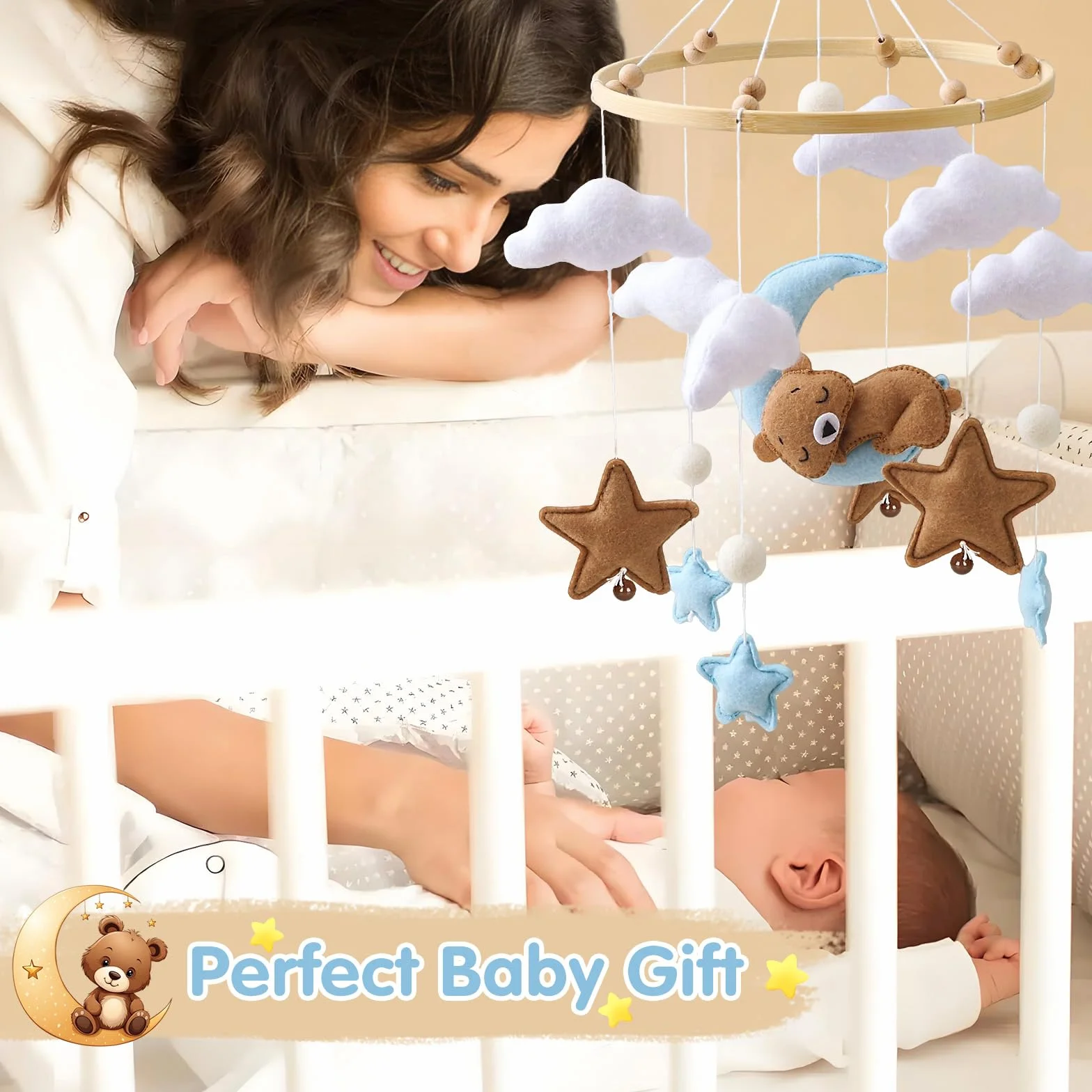 Baby Campanelli Eolici Mobile in Feltro Giostrina Culla Neonato Legno Orso Nuvole Luna Stelle Campane Decorazione Regali Neonati