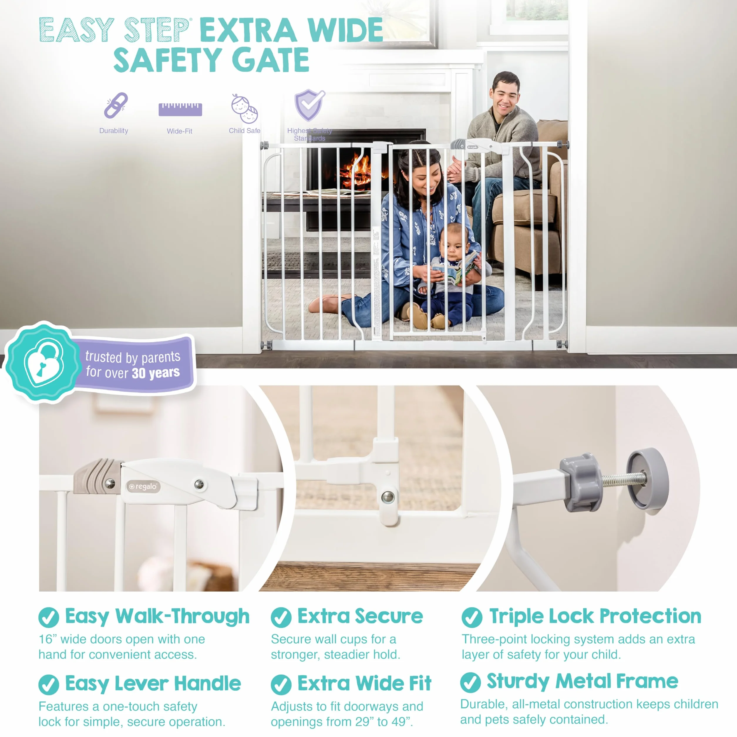 Regalo Safety Extra Wide Baby Gate for Doorways & Bottom of Stairs, Fits Openings 73.6-122cm, Pressure Mounted, White