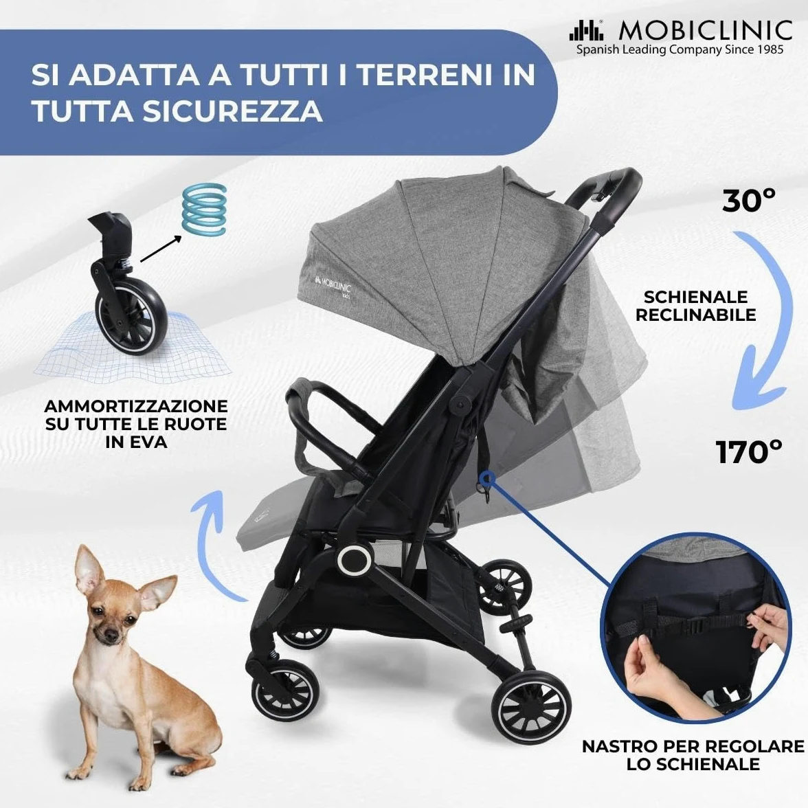 Mobiclinic®, Passeggino Leggero, Ultra Compatto, Imbracatura a 5 Punti, Manubrio Monomaniglia, Carrello Pieghevole, Cestino, 0-36 Mesi, Regolabile, Cappottina Pieghevole, Freni con Blocco, Trip