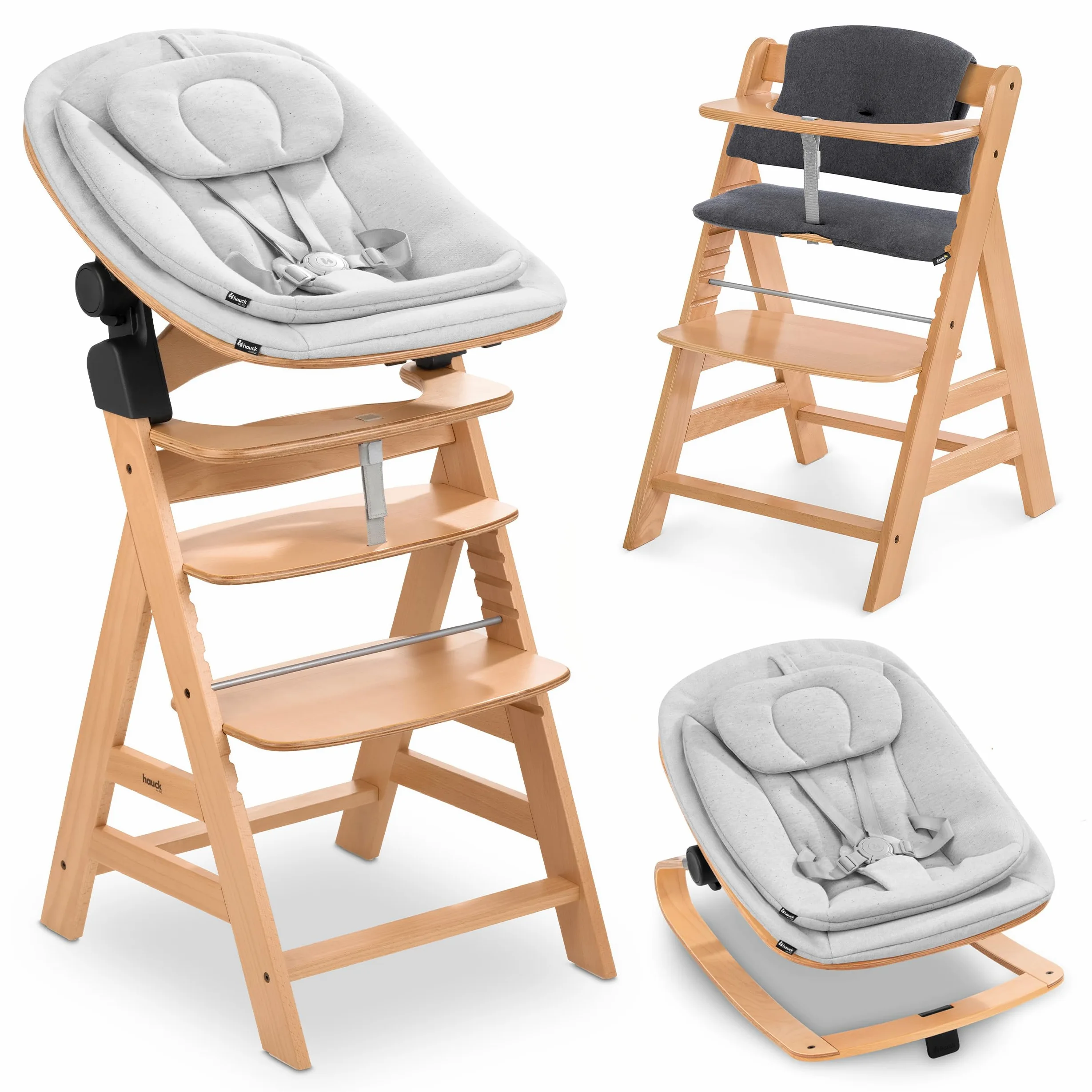hauck Seggiolone Alpha+ Newborn Set Eco Bouncer - Seggiolone Pappa Bimbi in Legno dalla Nascita con Sdraietta Neonato 2in1 Regolabile e Cuscino - Naturale