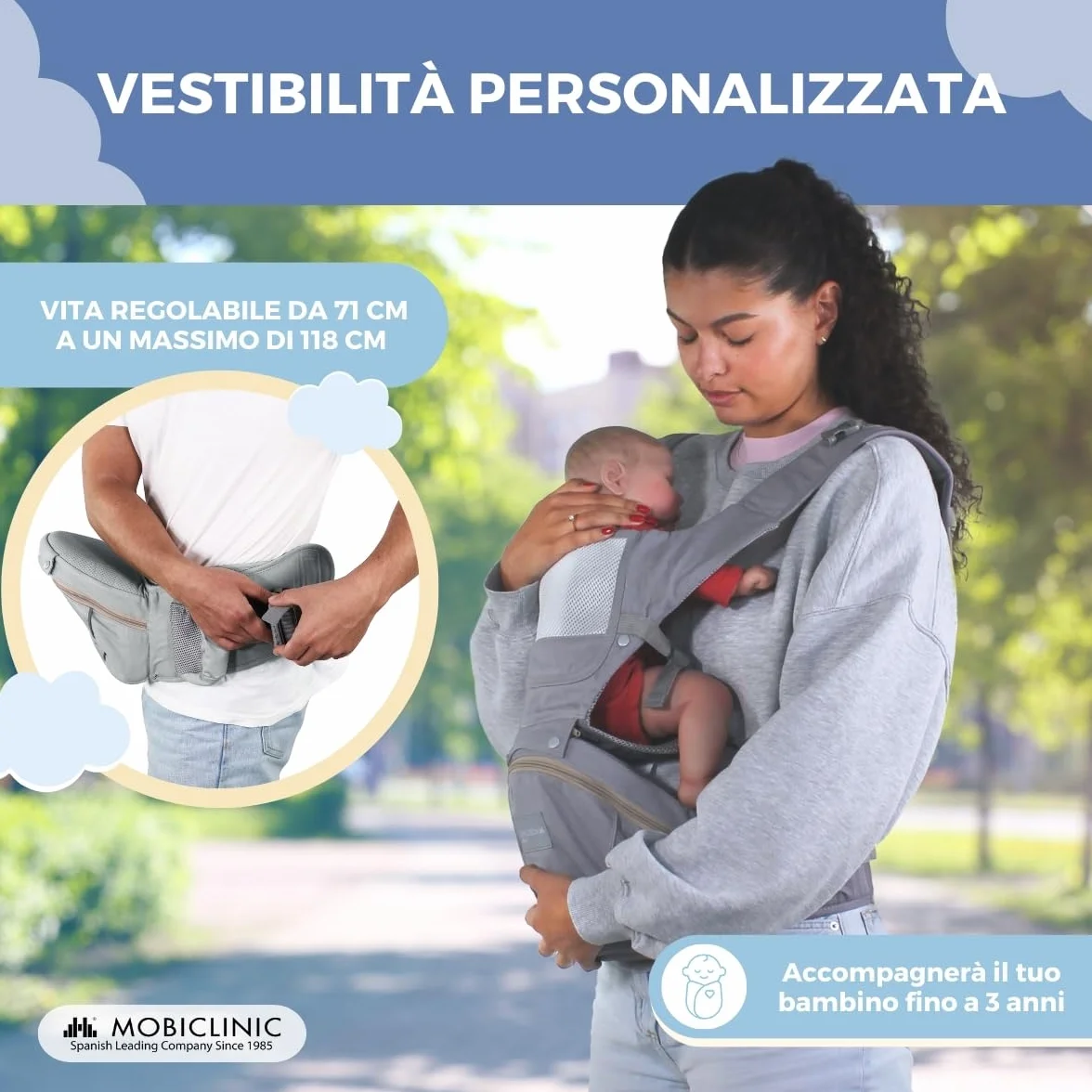 Mobiclinic® kids, Marsupio neonato, 6 in 1, Moley, Ergonomico, Multiposizione, 0-36 mesi, Pieghevole, Tasca con cerniera, Portabiberon, Cotone premium morbido, Per neonati e bambini (grigio)