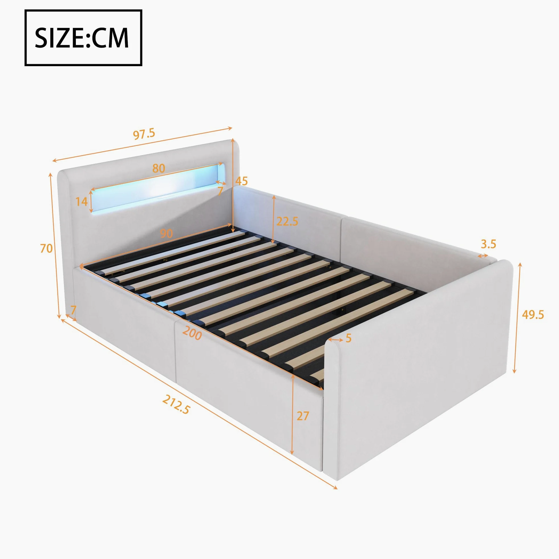 Lubvtti Letto singolo imbottito 90×200cm, Letto contenitore con luce LED e porta USB, Con vano portaoggetti, Letto per bambini con vano contenitore idraulico, Velluto, Beige (materasso non incluso)