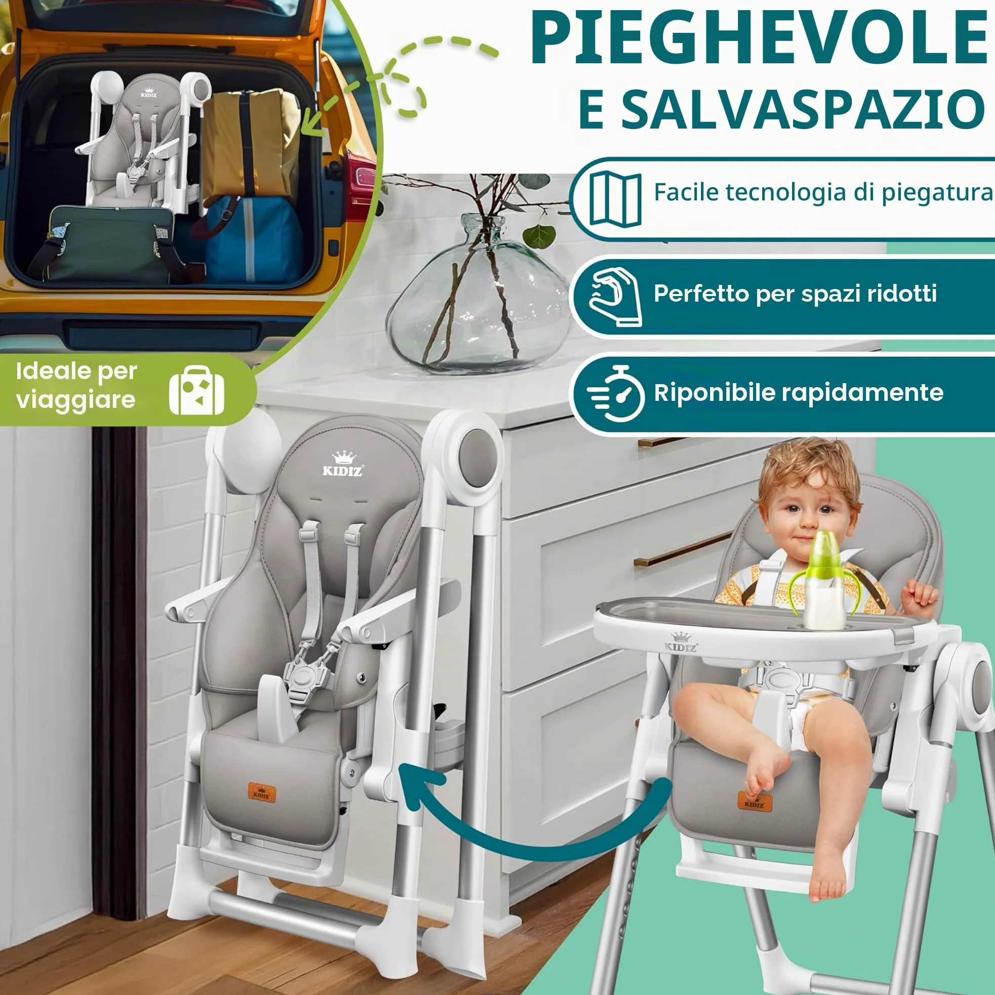 KIDIZ® 3 in 1 Seggiolone Seggiolone per bambini con barra dei giochi, Lettino per bambini, Seggiolone combinato Seggiolone per bambini, Schienale regolabile in 7 diverse altezze, grigio chiaro