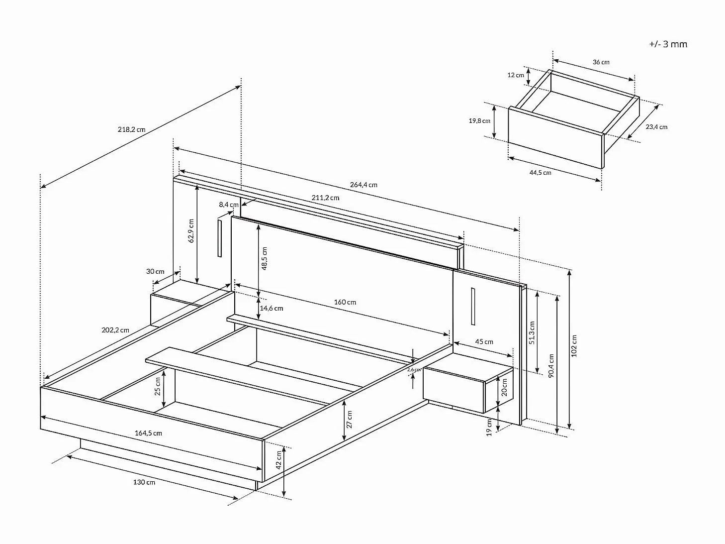 Vente-unique - Letto con Contenitore con comodini - 2 cassetti - con LED - 160 x 200 cm - le e Antracite - FRANCOLI