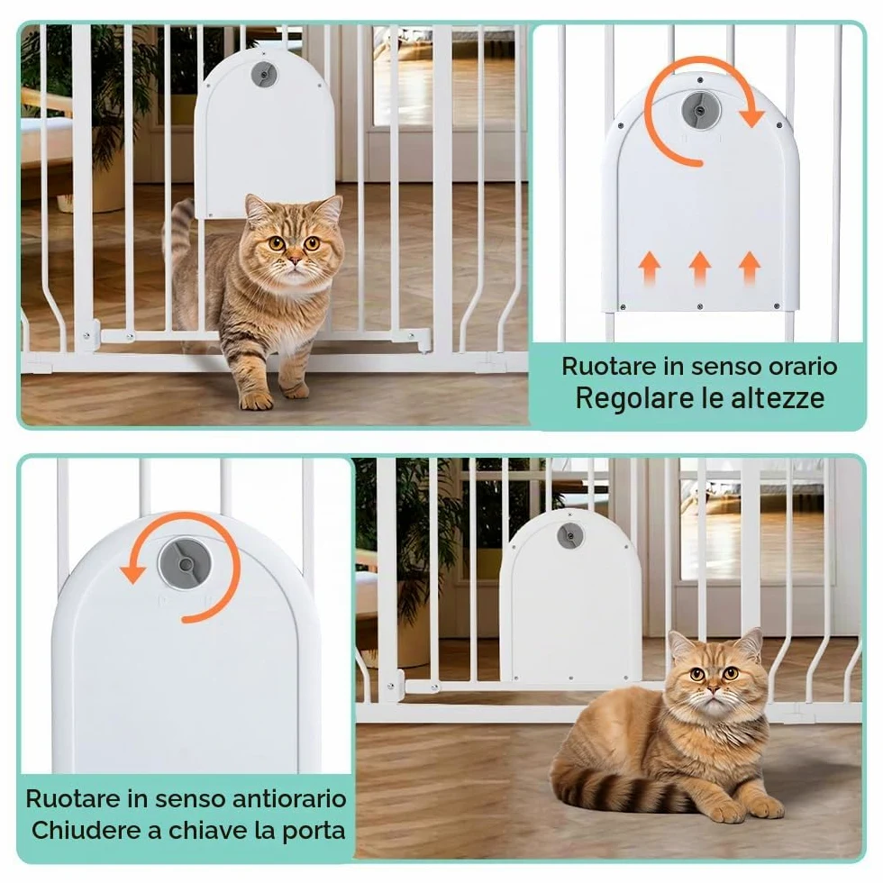 COMOMY Cancelletto per Bambini con Porta per Gatti Regolabile, Cancelletto per Gatti In Extra Largo da 75 a 123cm, Cancelletto per Cani a Chiusura Automatica con Porta per Animali (Alto 76cm, Bianco)