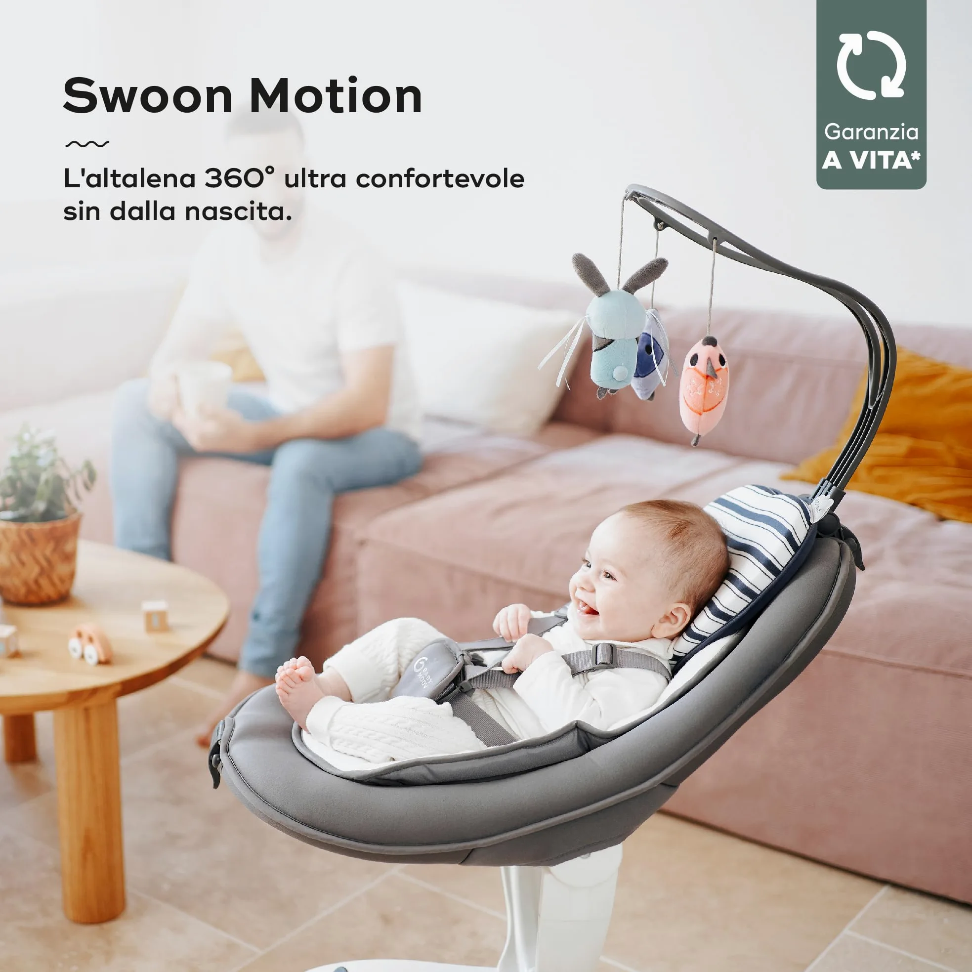 Babymoov Altalena per Bambini Swoon Motion – Seduta Girevole 360°, Dondolamento con 5 Velocità, Rilevatore di Movimento, Giochi Sensoriali e Ninnenanne – Comfort dalla Nascita