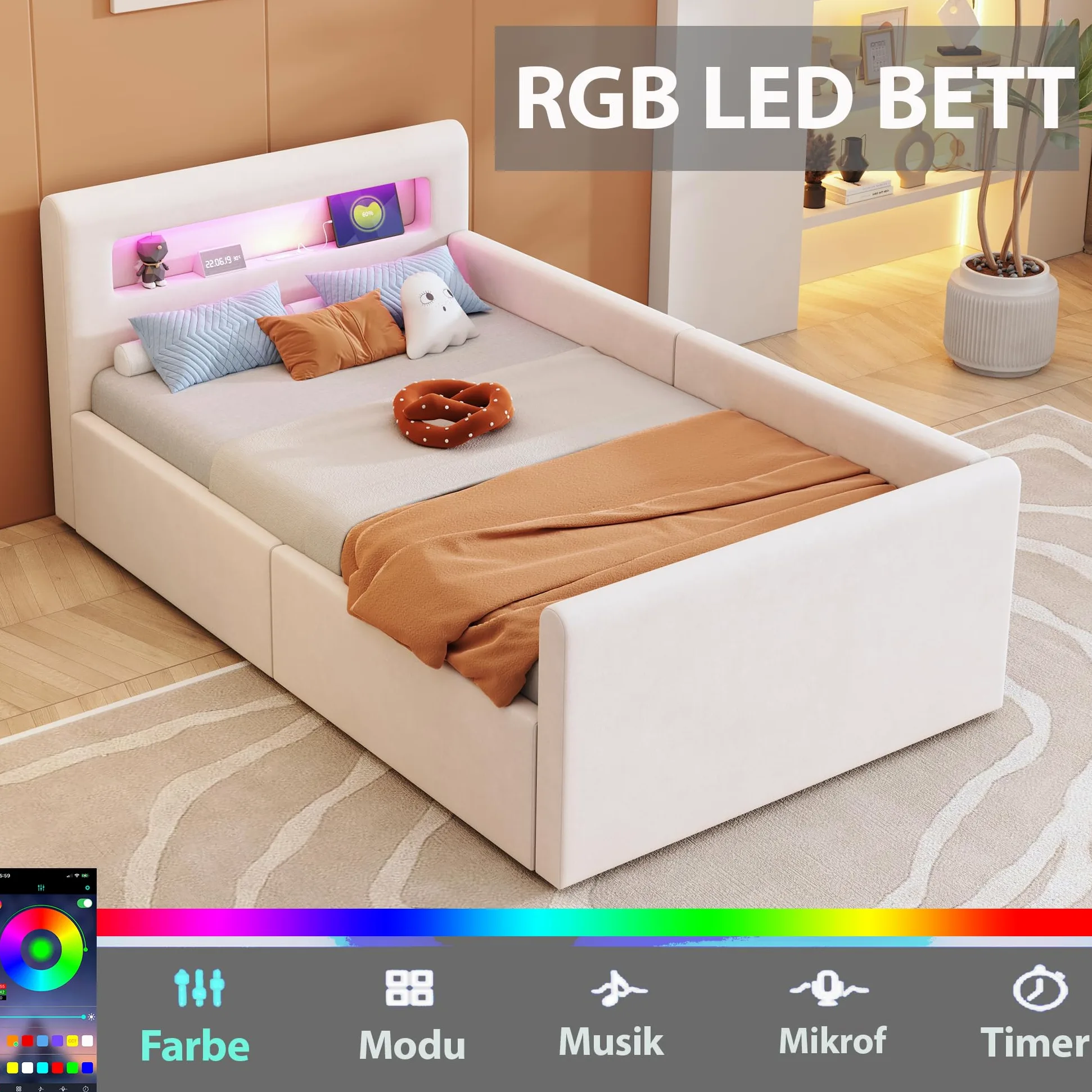 Lubvtti Letto singolo imbottito 90×200cm, Letto contenitore con luce LED e porta USB, Con vano portaoggetti, Letto per bambini con vano contenitore idraulico, Velluto, Beige (materasso non incluso)
