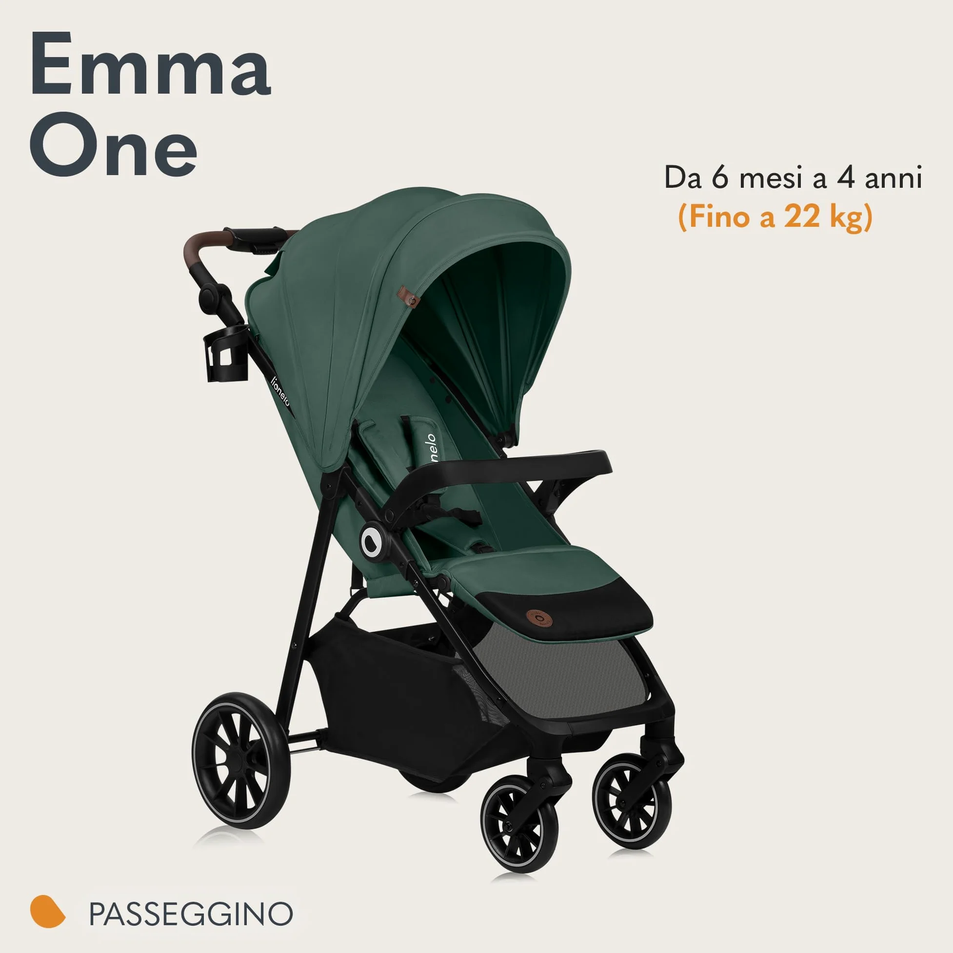 LIONELO EMMA ONE Passeggino laggero per Bambini fino a 22 kg, Compatti con Posizione nanna, Ruote Piroettanti 360° e Assorbimento, Pieghevole Veloce, Schienale e Poggiapiedi Regolabili Tettuccio XXL