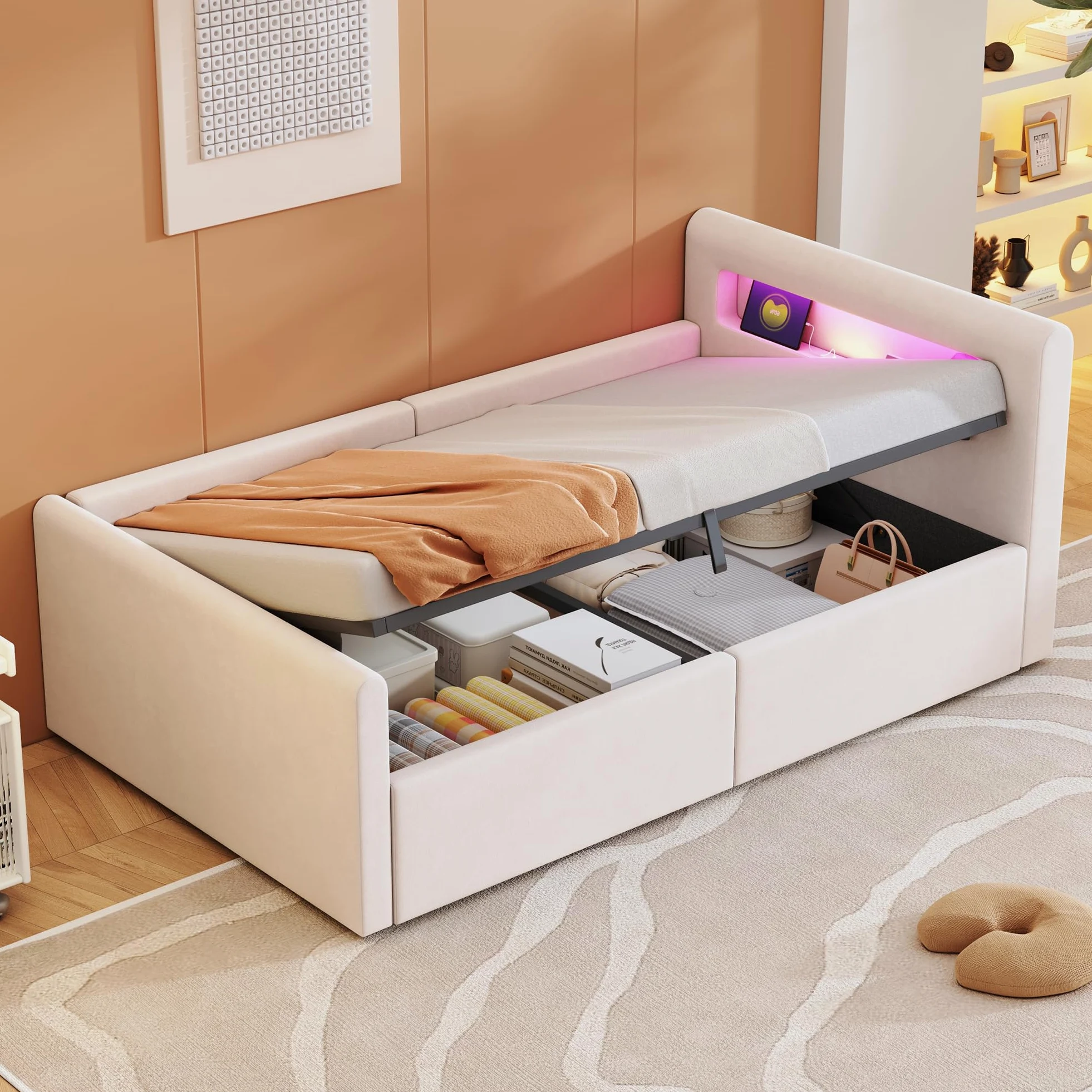 Lubvtti Letto singolo imbottito 90×200cm, Letto contenitore con luce LED e porta USB, Con vano portaoggetti, Letto per bambini con vano contenitore idraulico, Velluto, Beige (materasso non incluso)