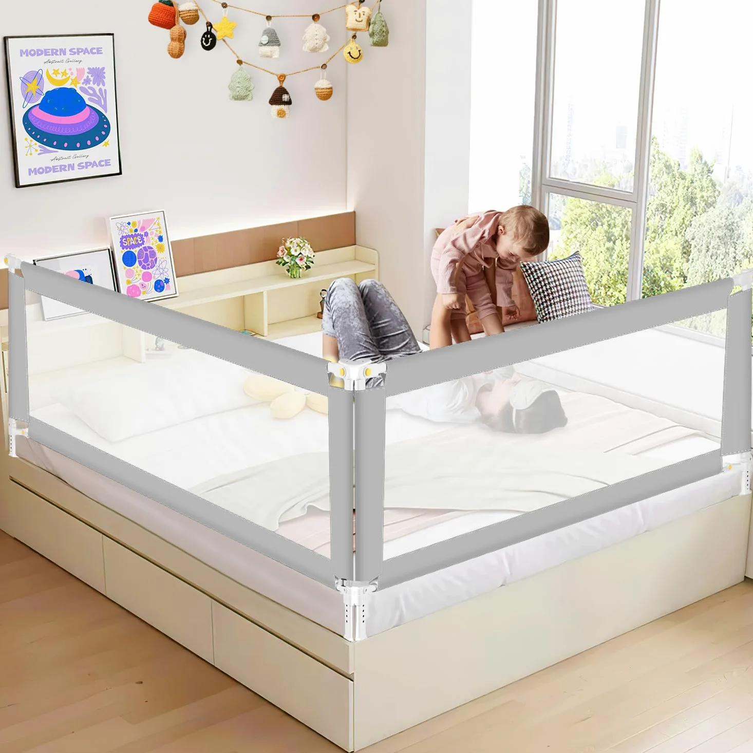 Griglia per letto 200 cm x 2 + 150 cm x 1, pieghevole con base a forma di U, griglia di protezione per lettino, altezza regolabile 68-95 cm, per bambini e letti dei genitori, grigio