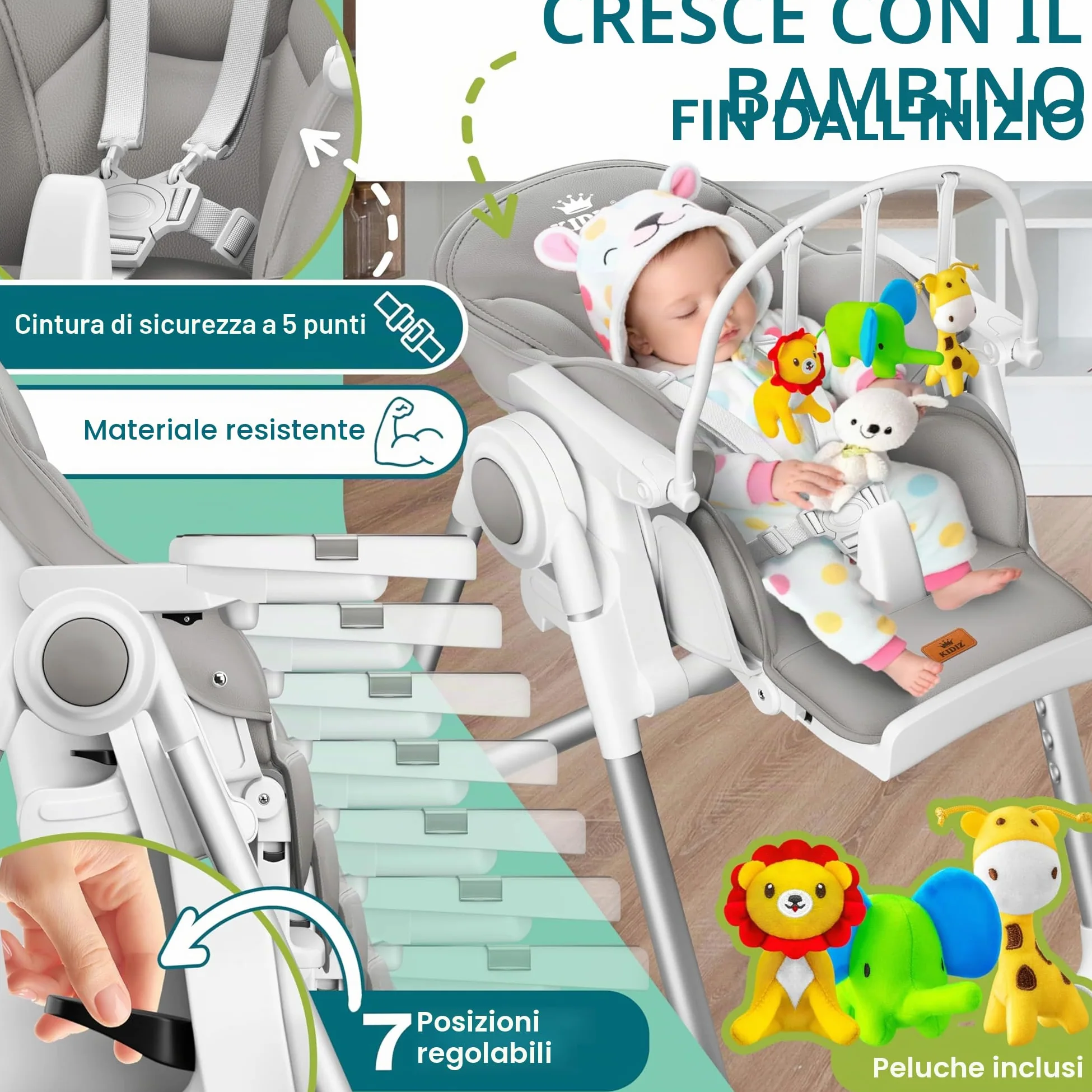 KIDIZ® 3 in 1 Seggiolone Seggiolone per bambini con barra dei giochi, Lettino per bambini, Seggiolone combinato Seggiolone per bambini, Schienale regolabile in 7 diverse altezze, grigio chiaro