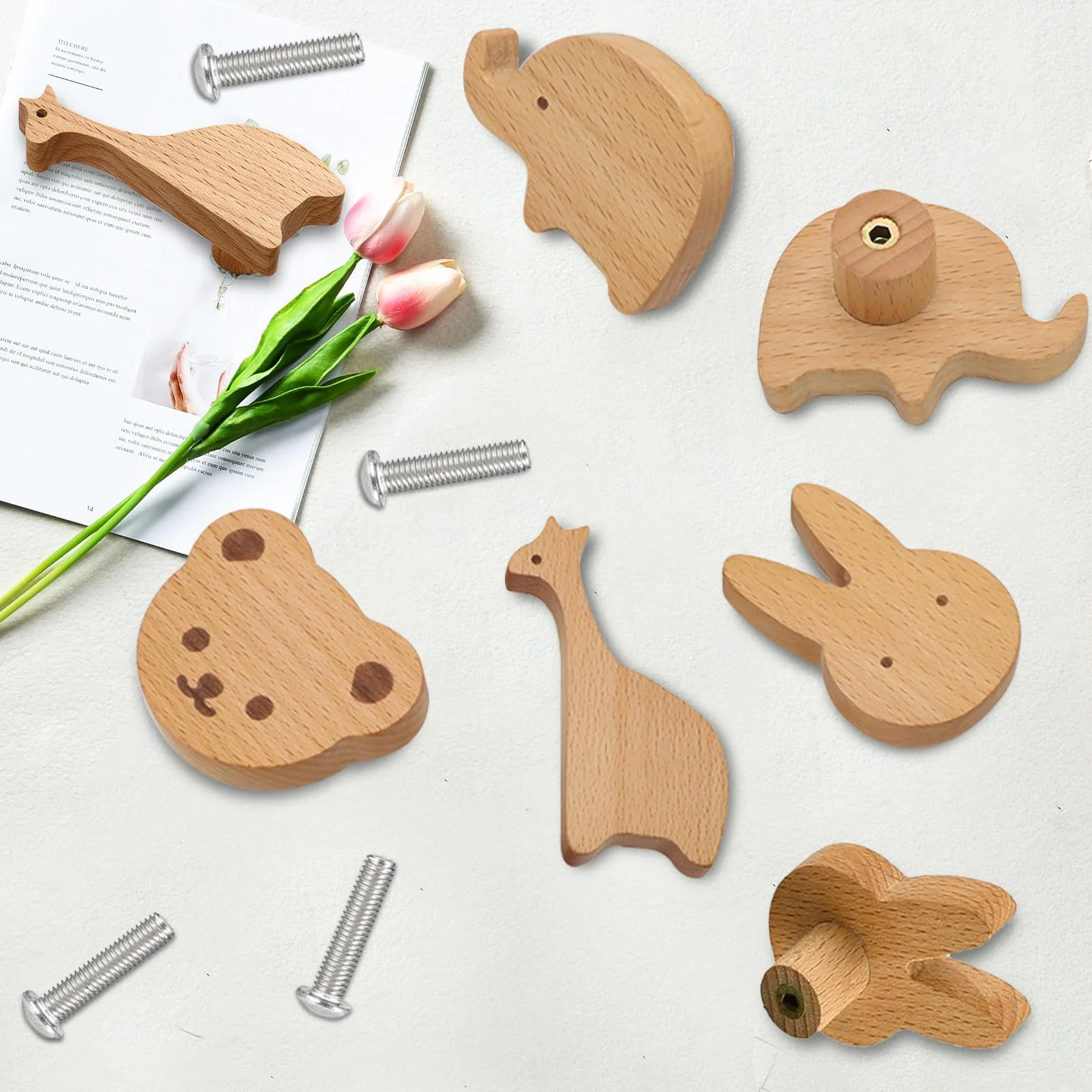 Pomelli per Mobili Bambini, 4 pezzi Pomelli in Legno con motivi animali, Pomelli per Mobili in Legno con Viti, Pomelli per Mobili Bambini Animali, Maniglie Armadio Cameretta, Mobili, Cassetti