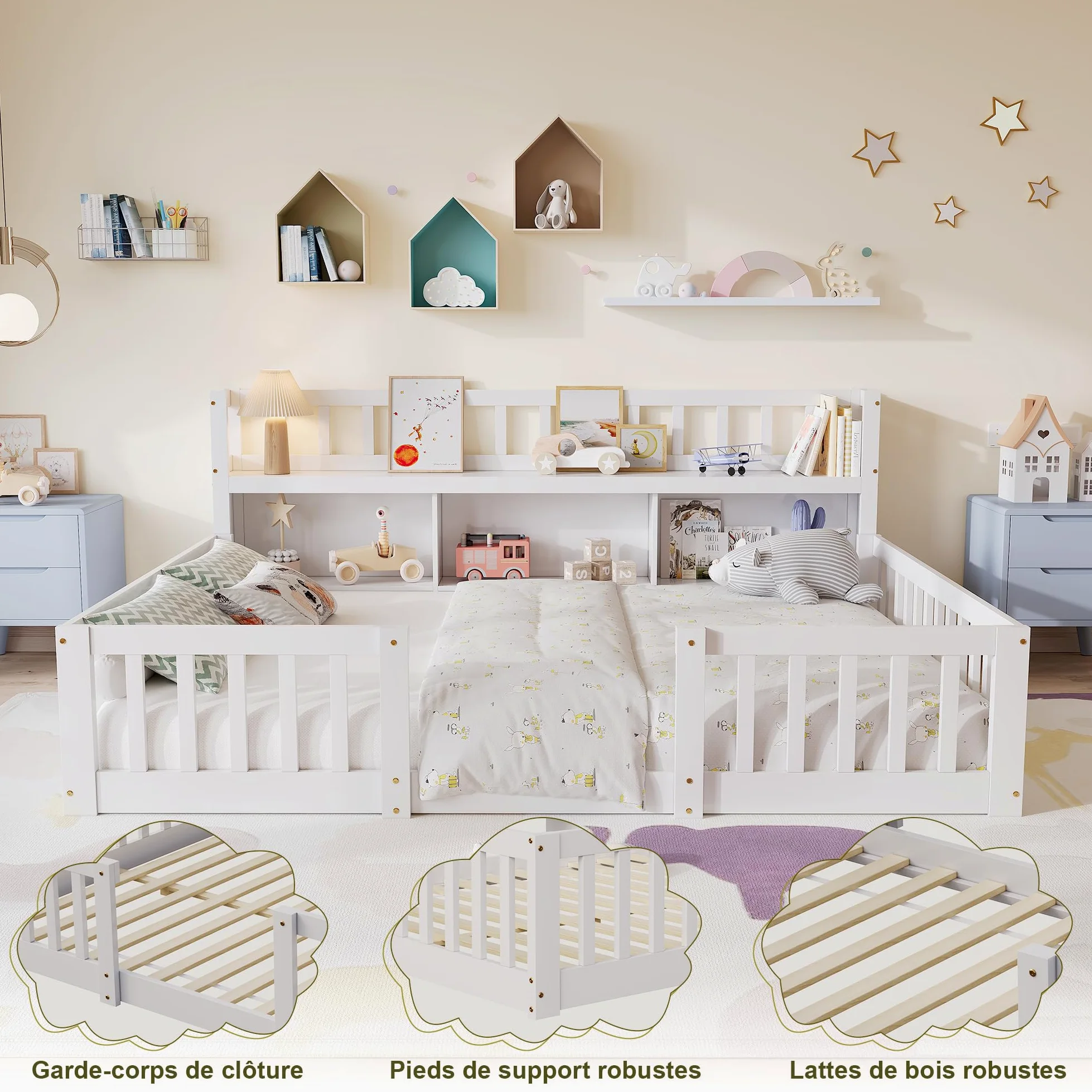 DADEA Montessori - Lettino da pavimento, 140 x 200 cm, con protezione anticaduta e rete a doghe, letto singolo per bambini e ragazzi, senza materasso