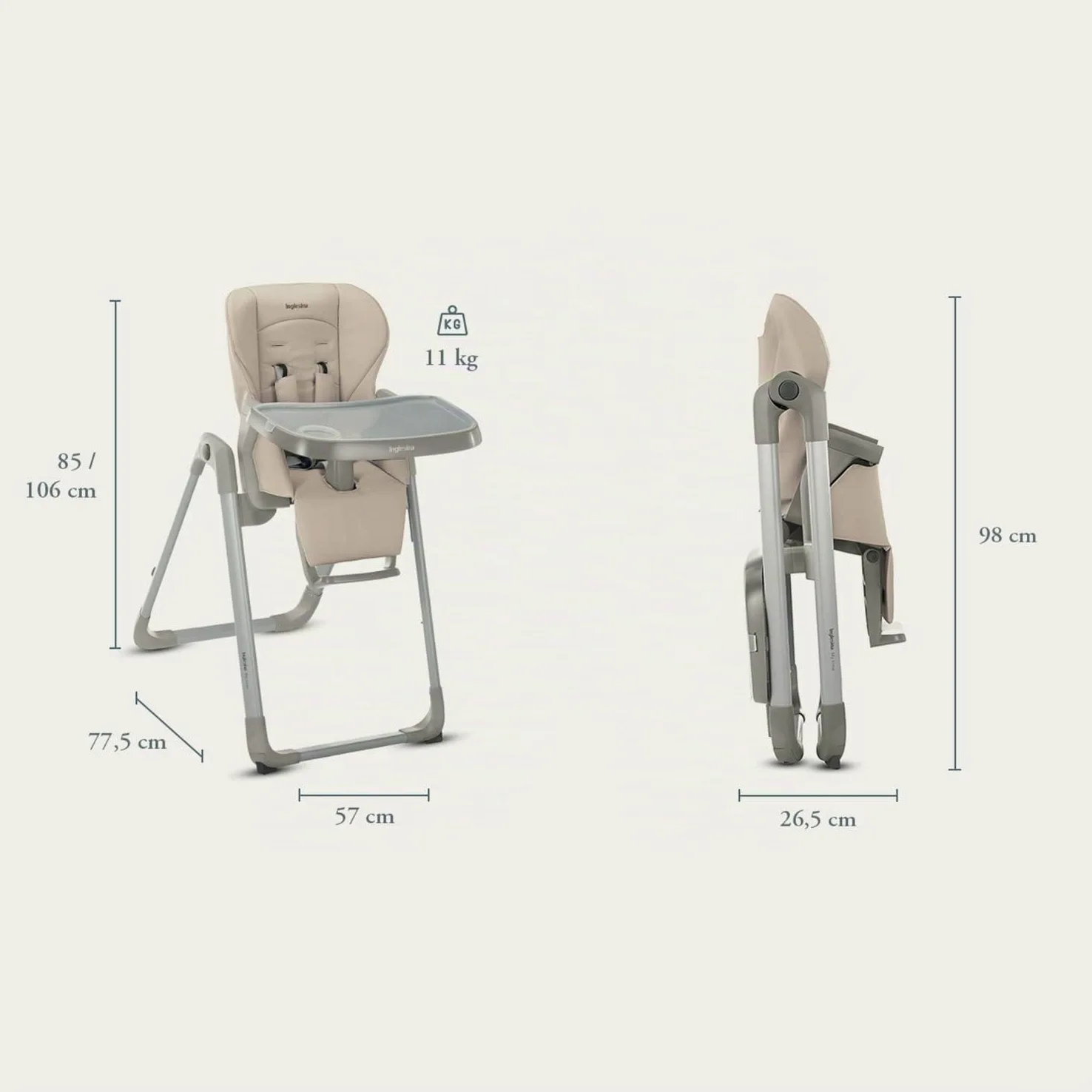 Inglesina My Time Seggiolone Pappa, Sugar, Reclinabile dalla Nascita ai 36 Mesi, Pieghevole, Design Moderno, Comfort e Igiene Massimi