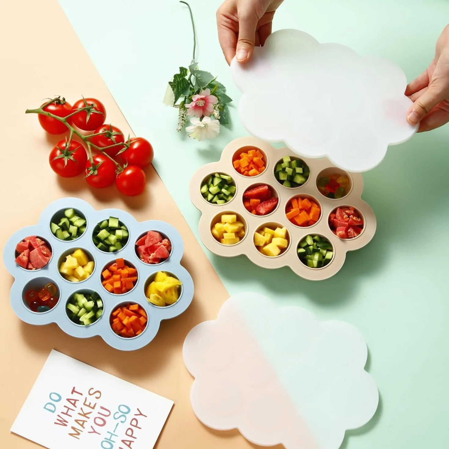 PandaEar Confezione da 3 contenitori per alimenti per bambini in silicone con coperchio blu/verde/carne