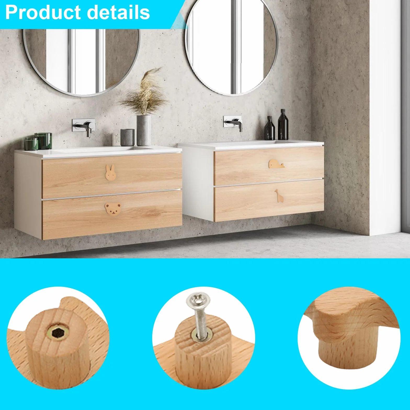 Vaileal 8 pomelli per armadi in legno per cameretta dei bambini, in diverse forme di animali, maniglie per cassetti in legno per bambini, pomelli in legno con motivi animali, pomelli per armadi