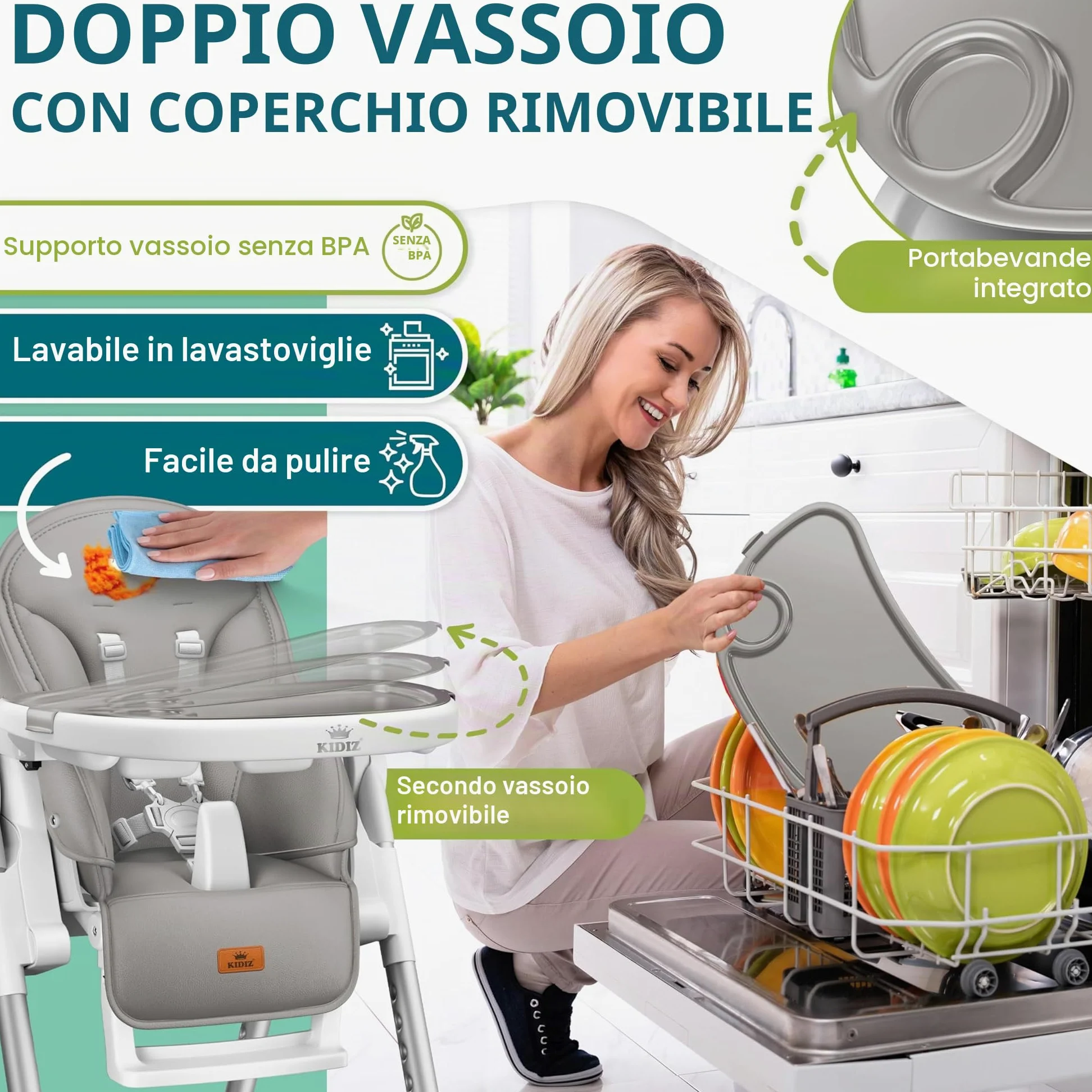 KIDIZ® 3 in 1 Seggiolone Seggiolone per bambini con barra dei giochi, Lettino per bambini, Seggiolone combinato Seggiolone per bambini, Schienale regolabile in 7 diverse altezze, grigio chiaro