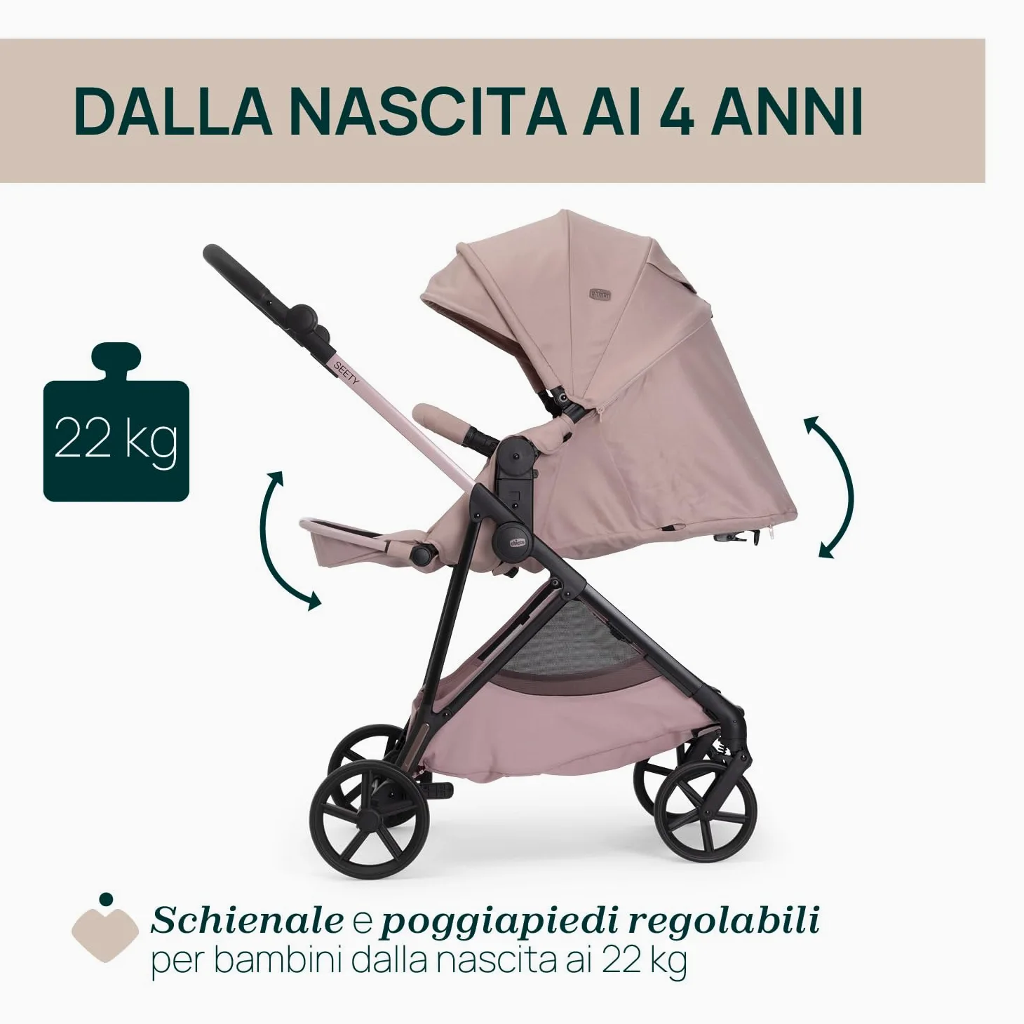 Chicco Passeggino Seety, Passeggino Leggero e Compatto Da 0 Mesi a 4 Anni, Portata Max 22kg, Passeggino Pieghevole, Schienale Reclinable, Chiusura Automatica in 1 Gesto, Capotte Parasole e Parapioggia